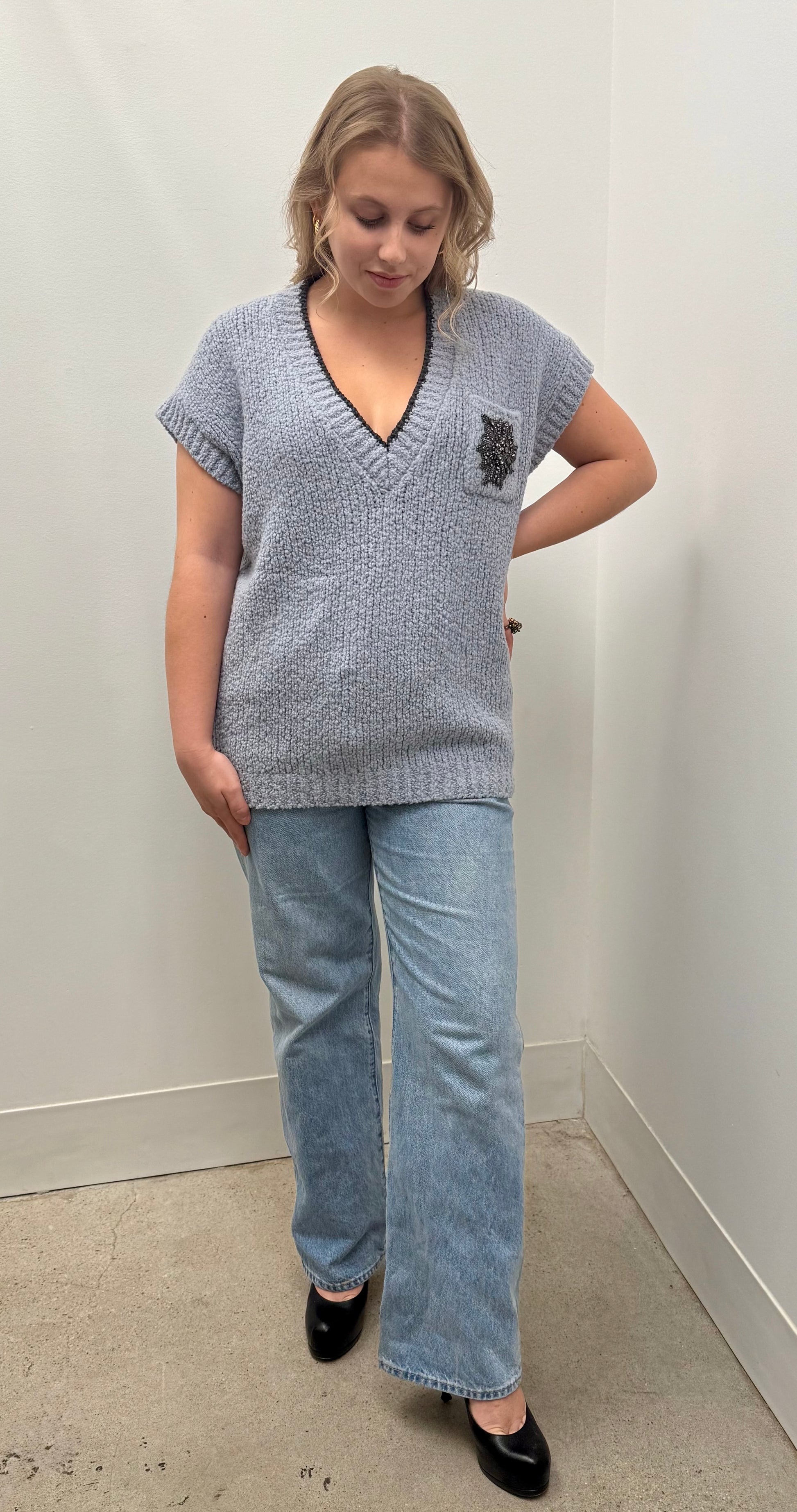 Brunello Cucinelli Beaded Pocket Cap Sleeve Knit Top