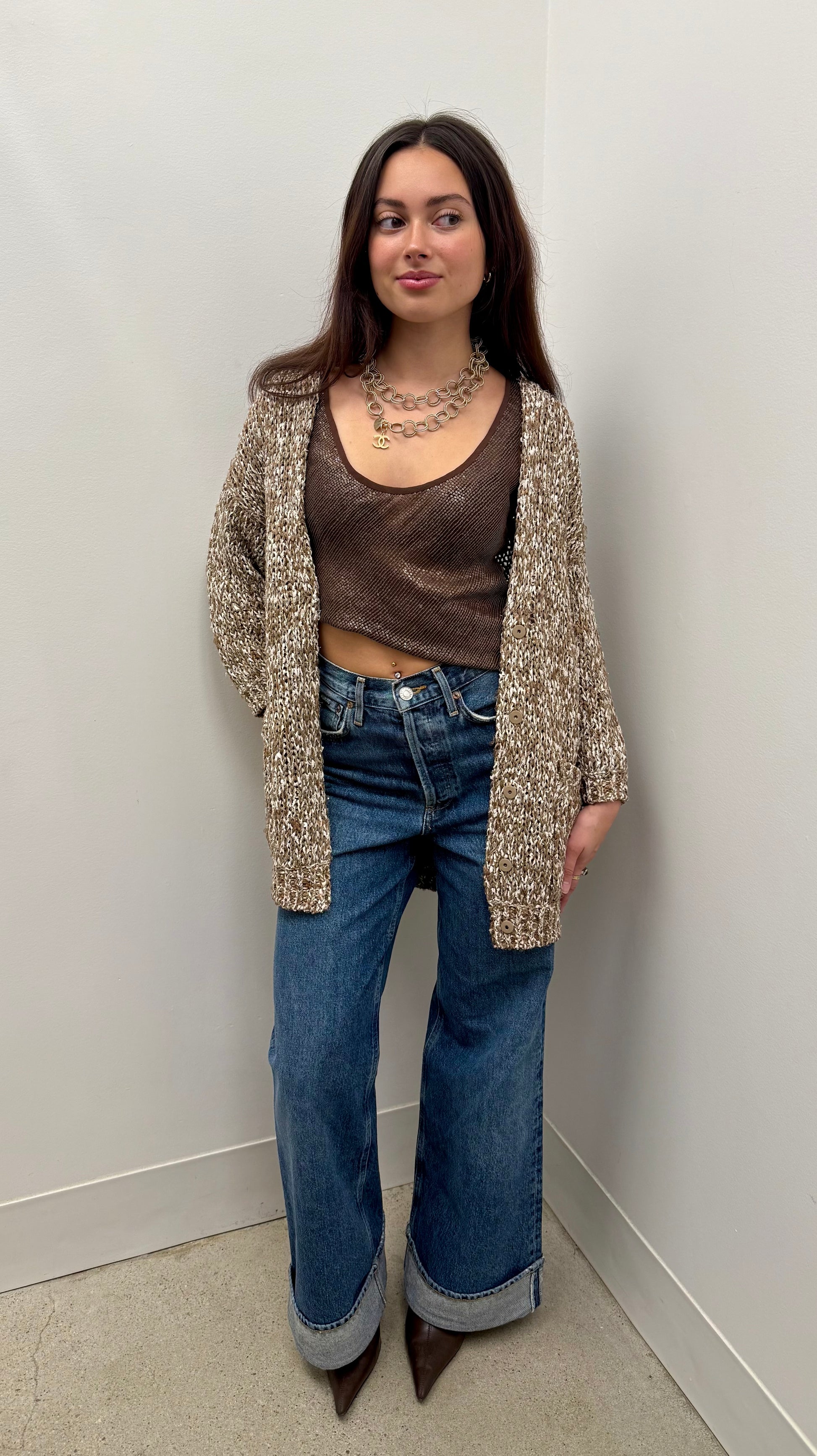 Brunello Cucinelli Warm Beige Dazzling Net Sequin Cotton Cardigan