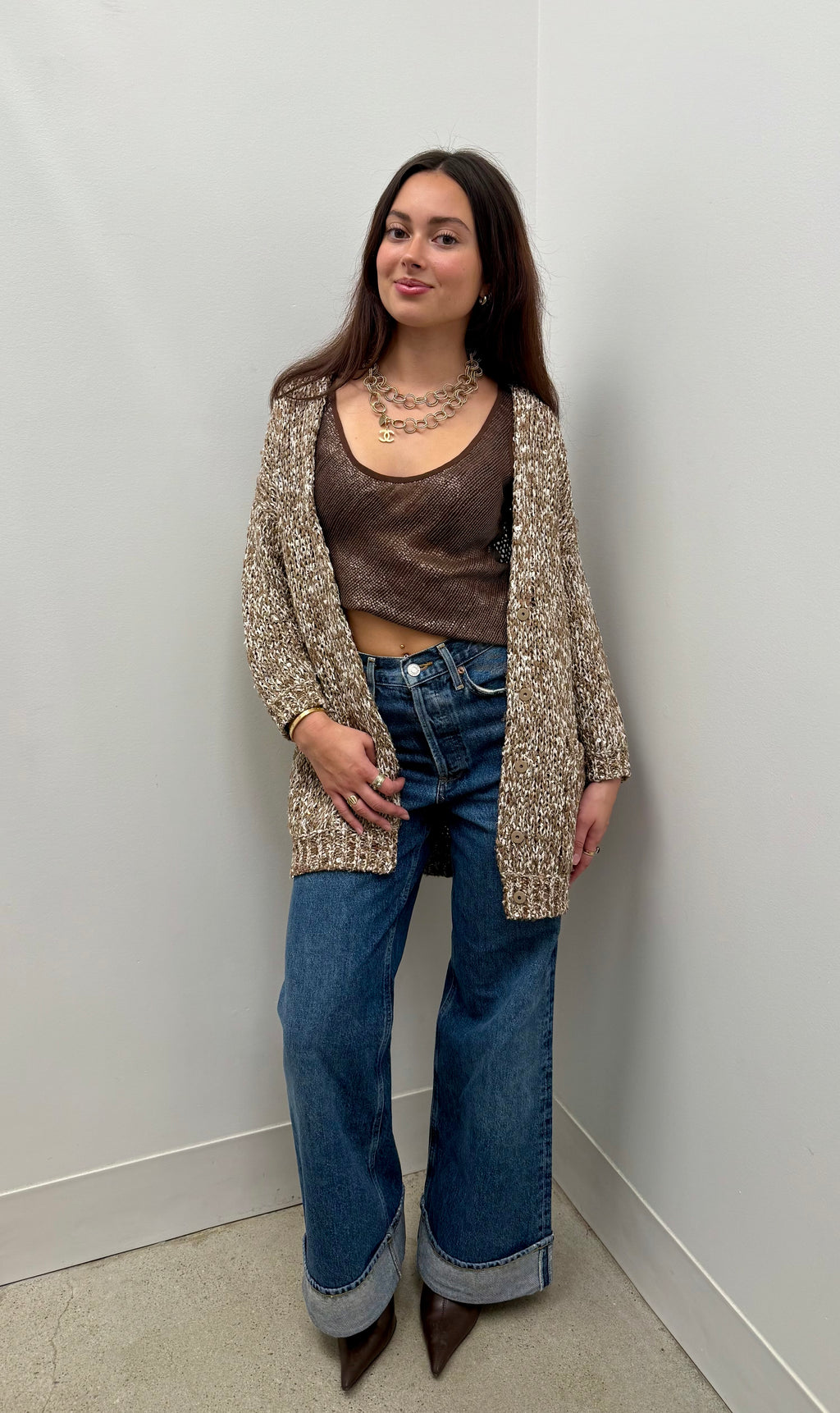 Brunello Cucinelli Warm Beige Dazzling Net Sequin Cotton Cardigan