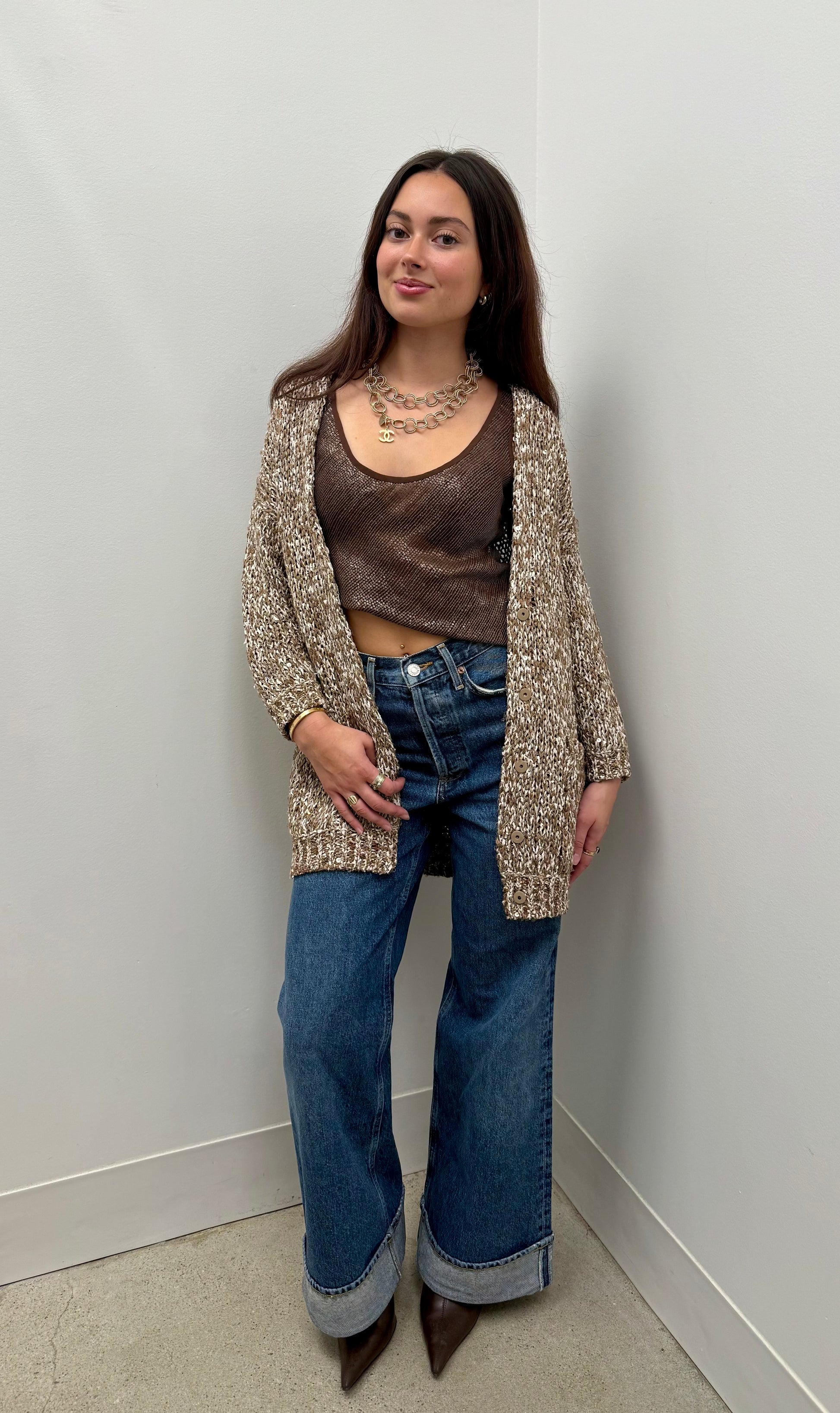 Brunello Cucinelli Warm Beige Dazzling Net Sequin Cotton Cardigan