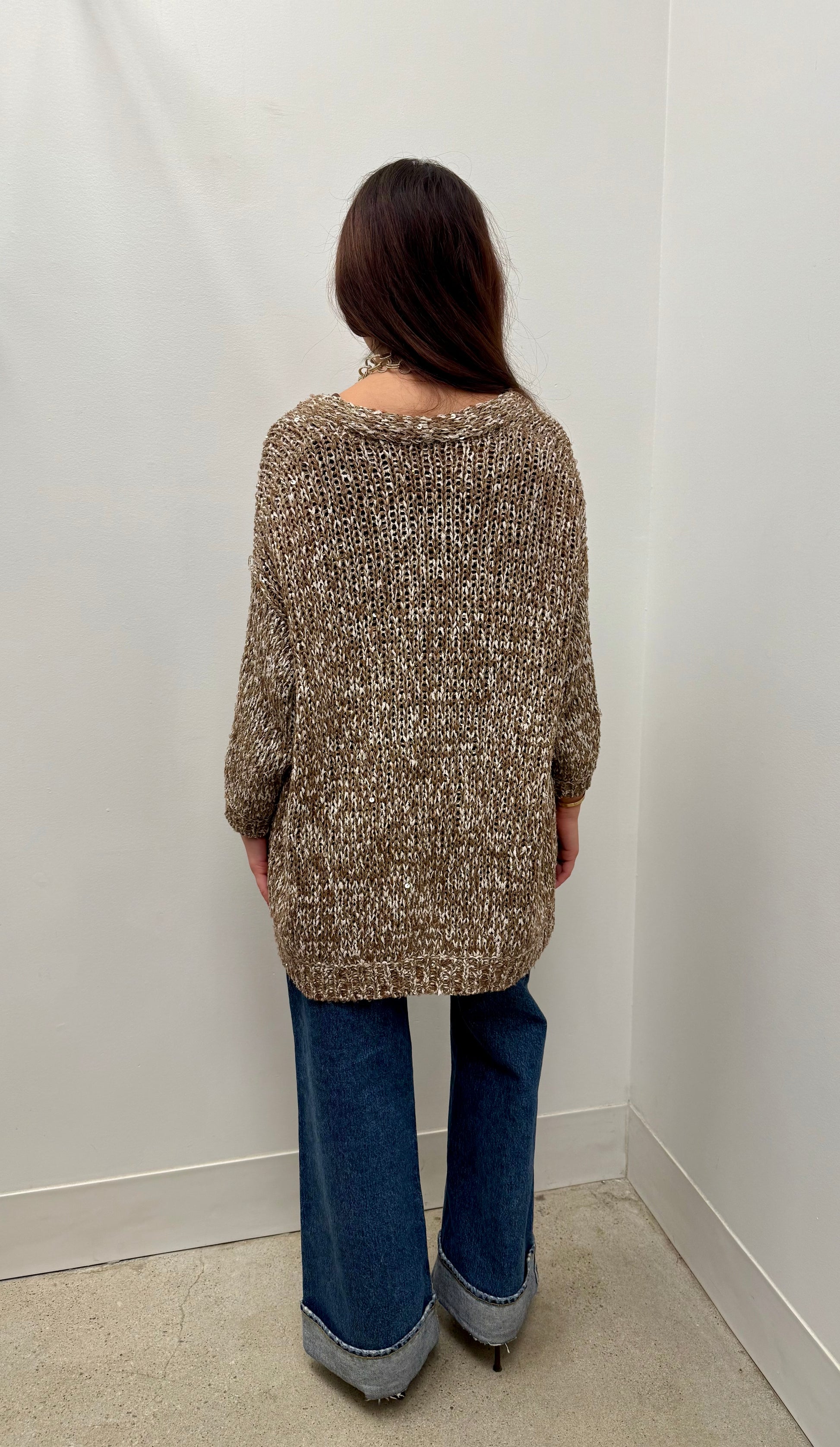 Brunello Cucinelli Warm Beige Dazzling Net Sequin Cotton Cardigan