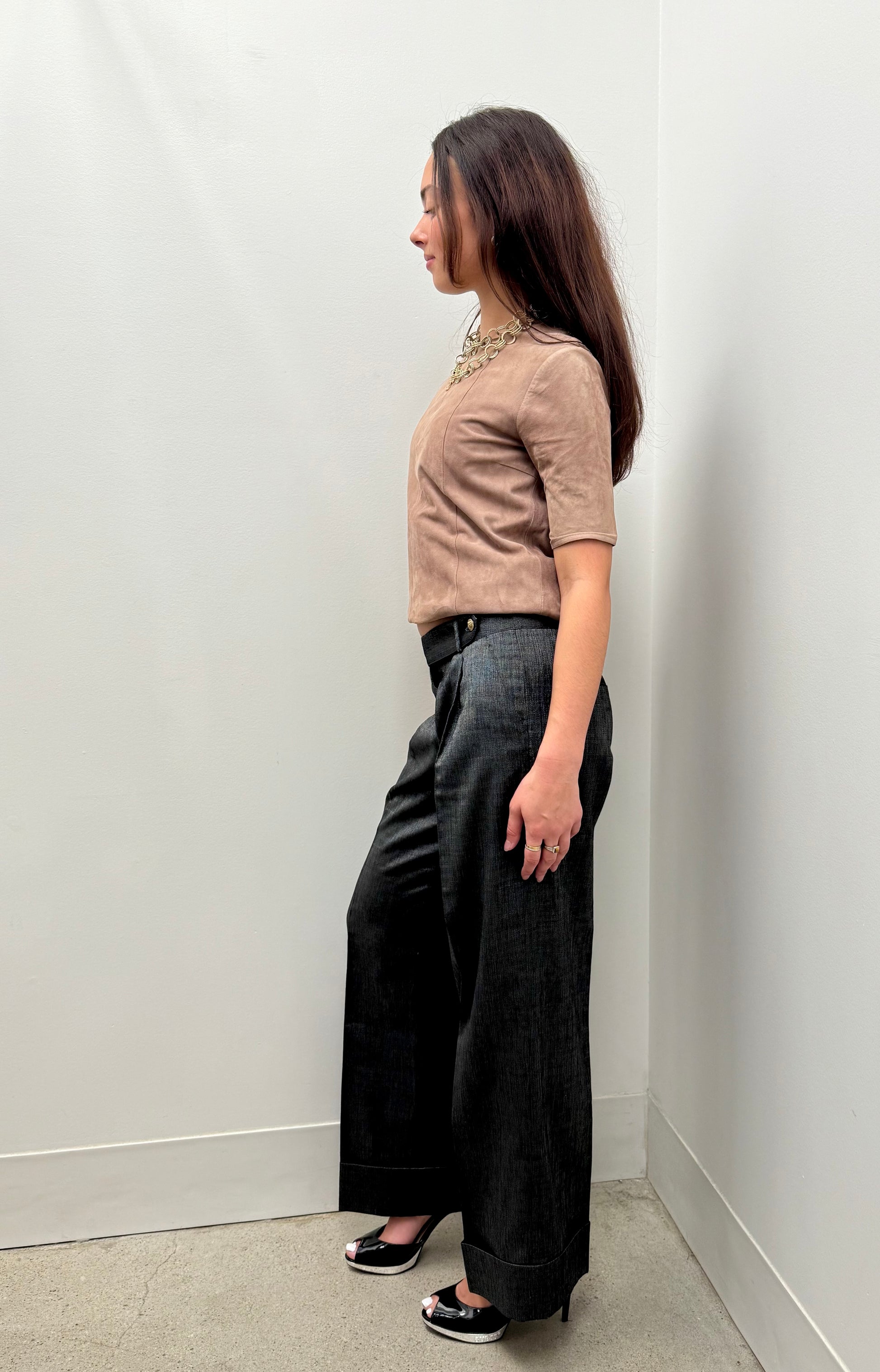 Balenciaga Charcoal Silk Cuffed Wide Leg Pants