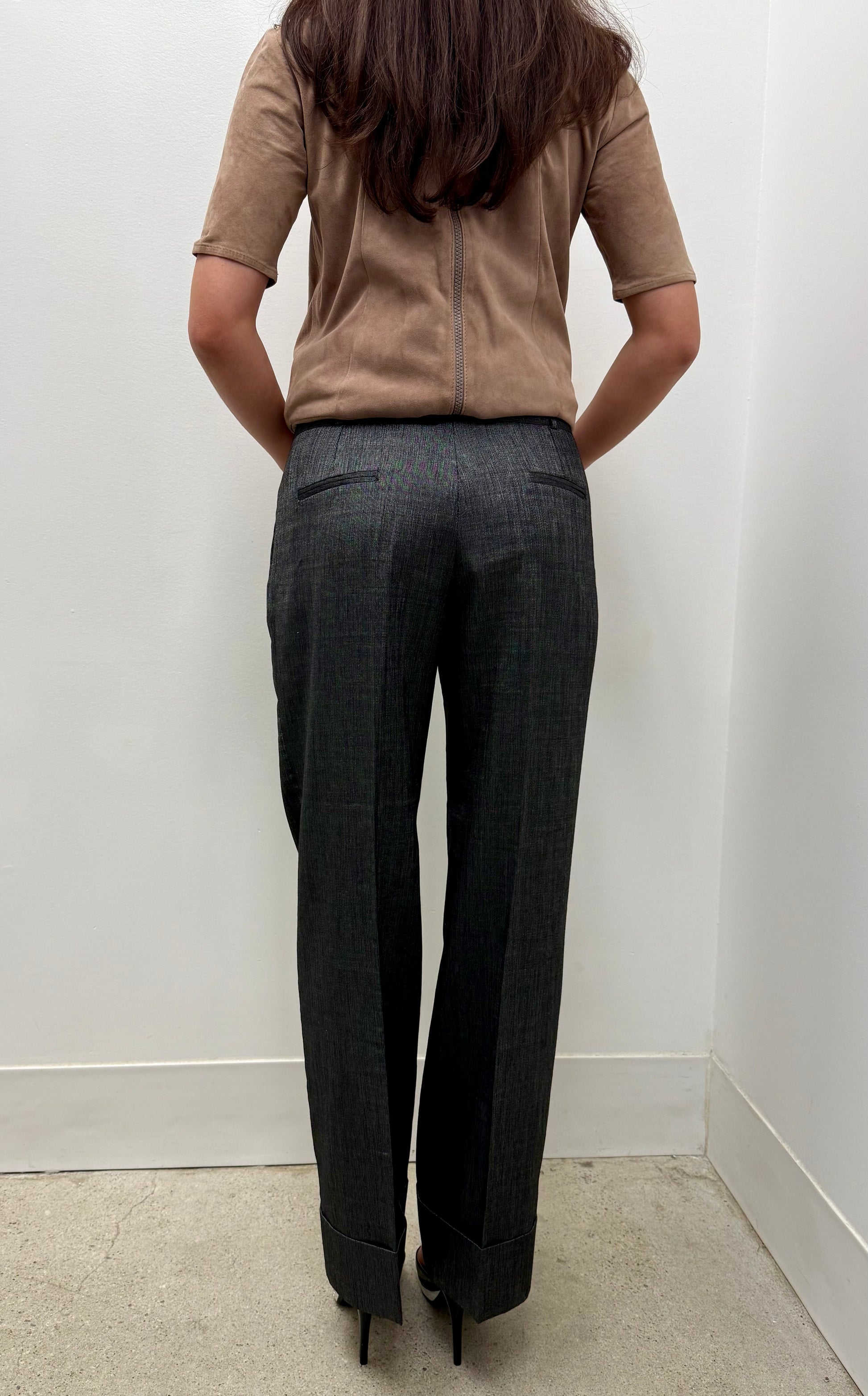 Balenciaga Charcoal Silk Cuffed Wide Leg Pants