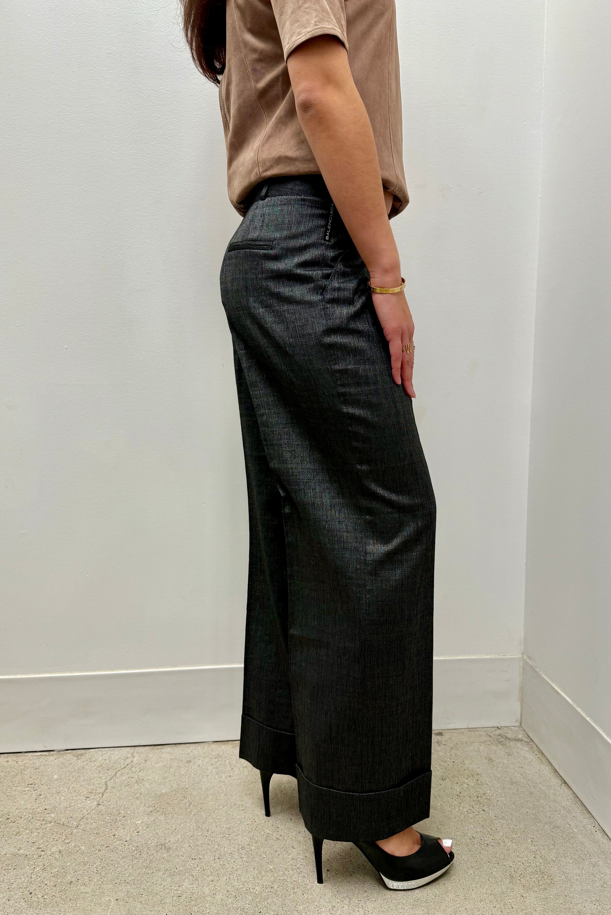 Balenciaga Charcoal Silk Cuffed Wide Leg Pants