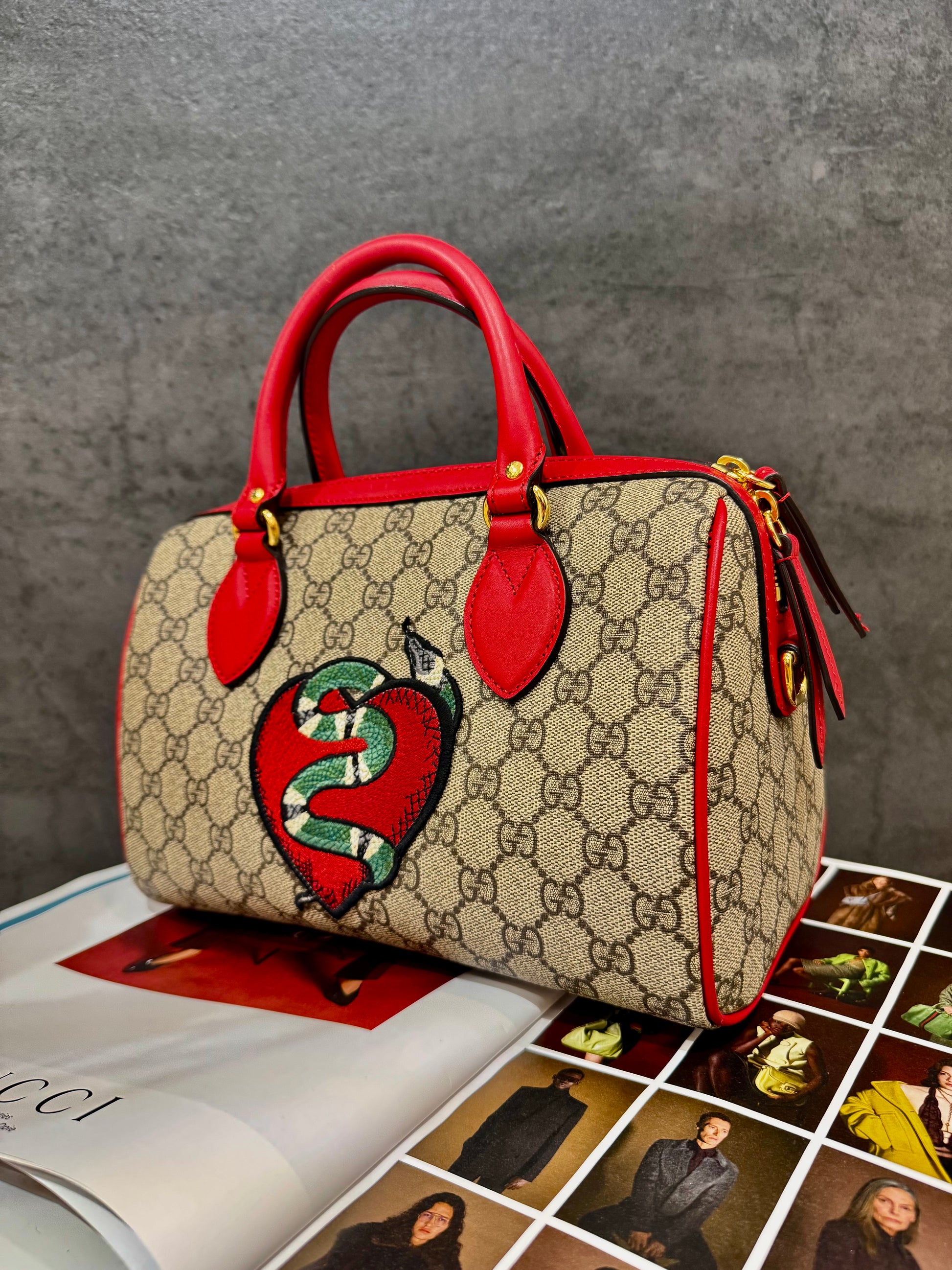 Gucci GG Supreme Kingsnake Heart Small Boston Bag with Red Leather Trim