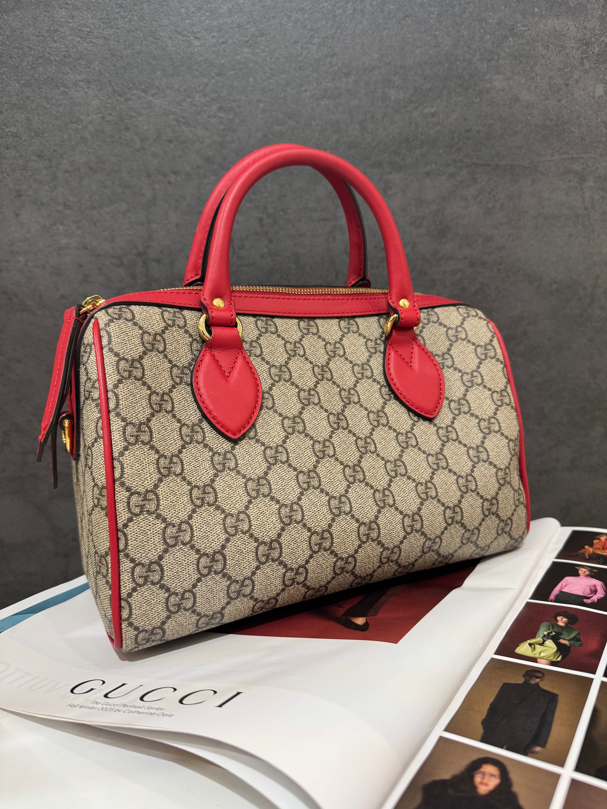 Gucci GG Supreme Kingsnake Heart Small Boston Bag with Red Leather Trim