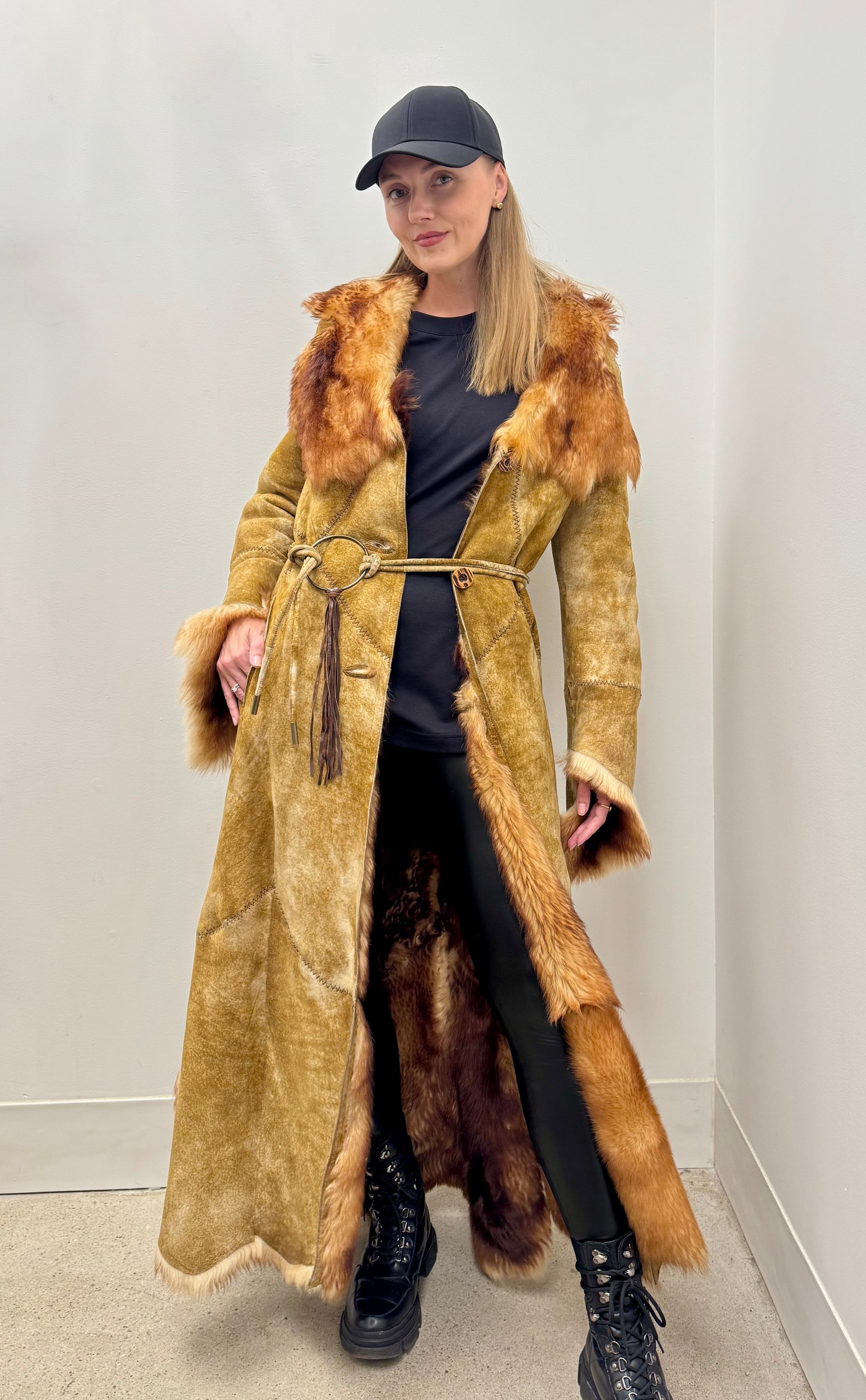 Huseyin Sahin Patchwork Shearling Maxi Coat with Fox Trim