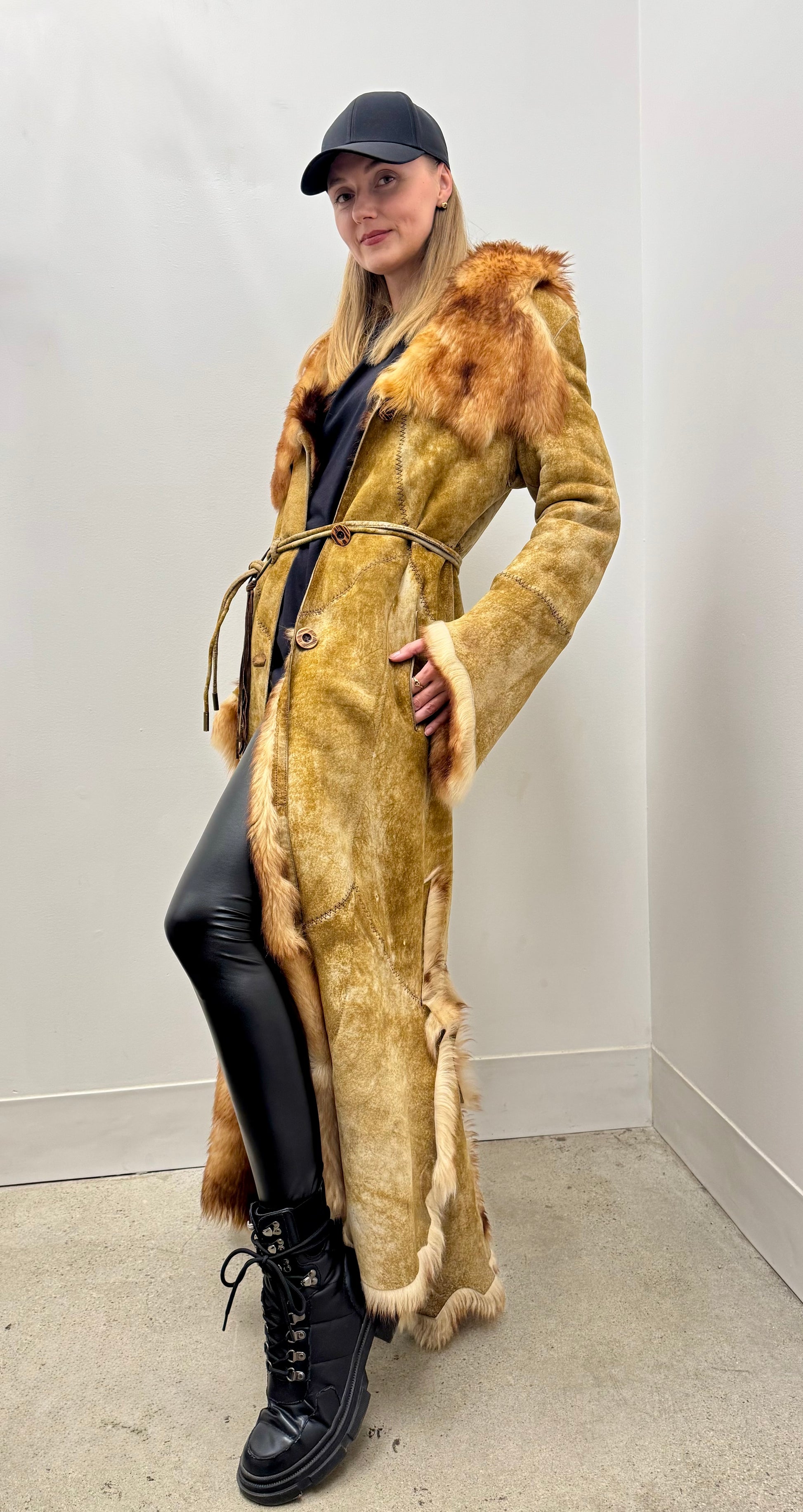 Huseyin Sahin Patchwork Shearling Maxi Coat with Fox Trim