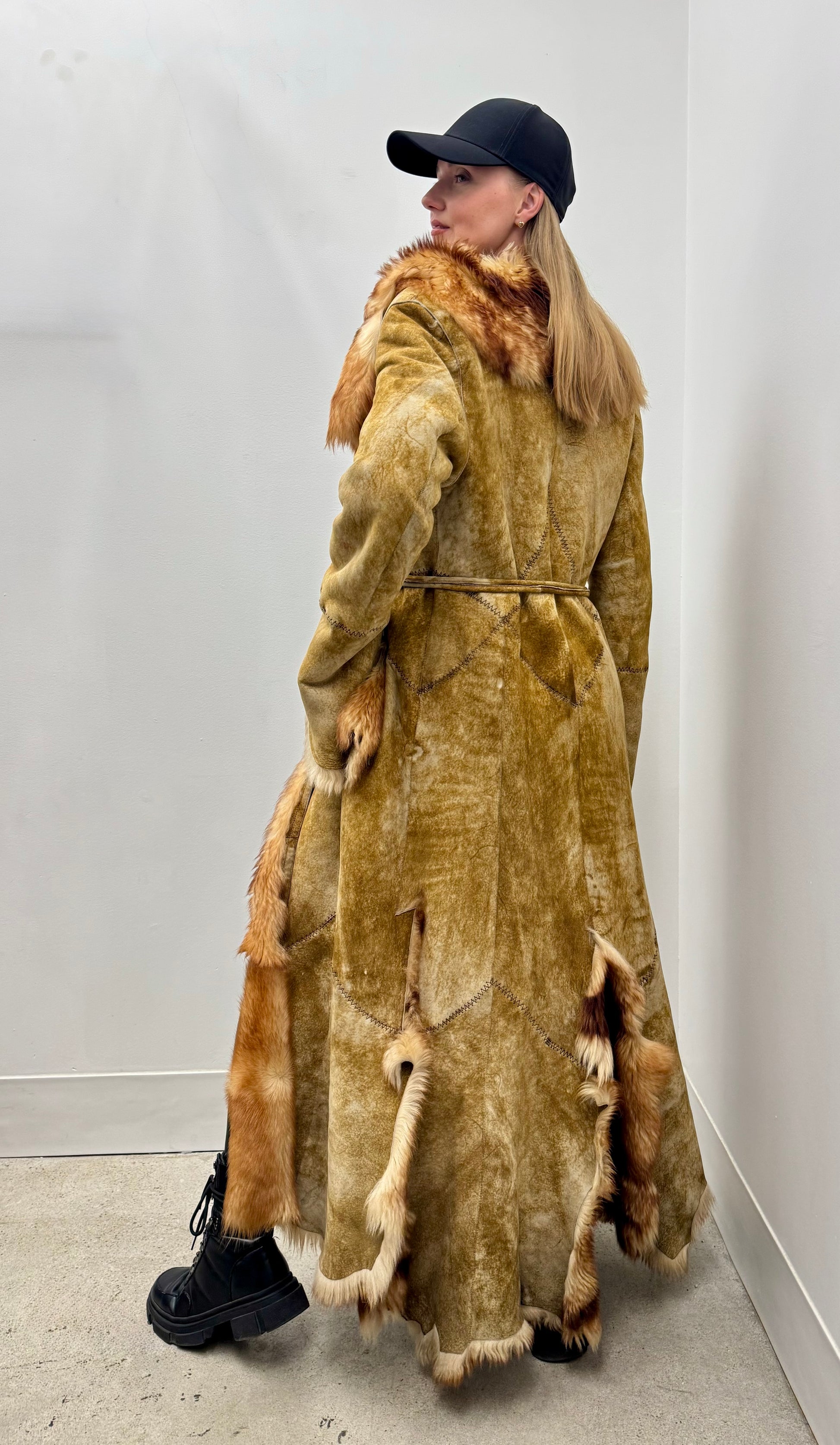 Huseyin Sahin Patchwork Shearling Maxi Coat with Fox Trim