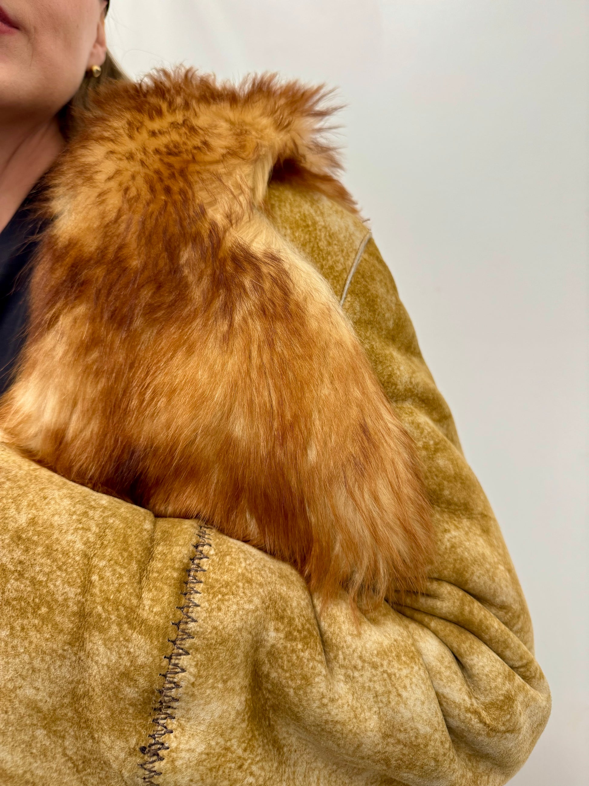 Huseyin Sahin Patchwork Shearling Maxi Coat with Fox Trim