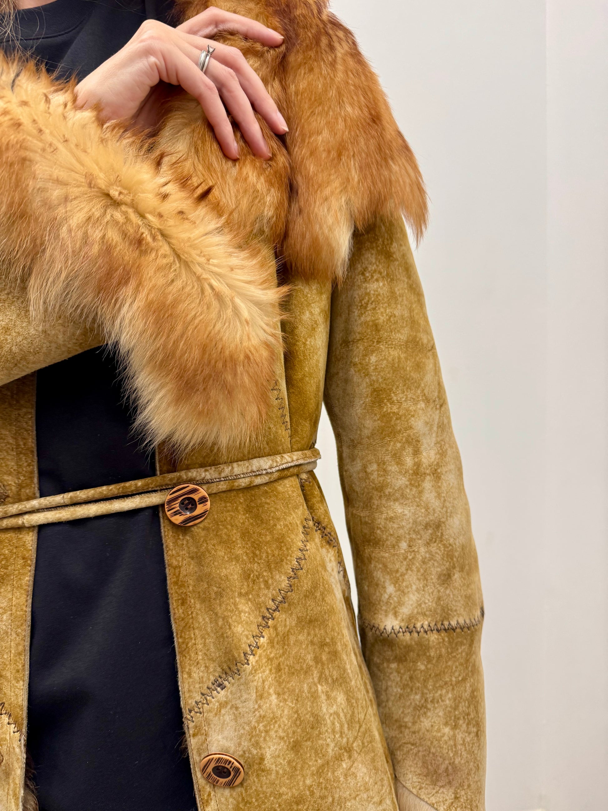 Huseyin Sahin Patchwork Shearling Maxi Coat with Fox Trim