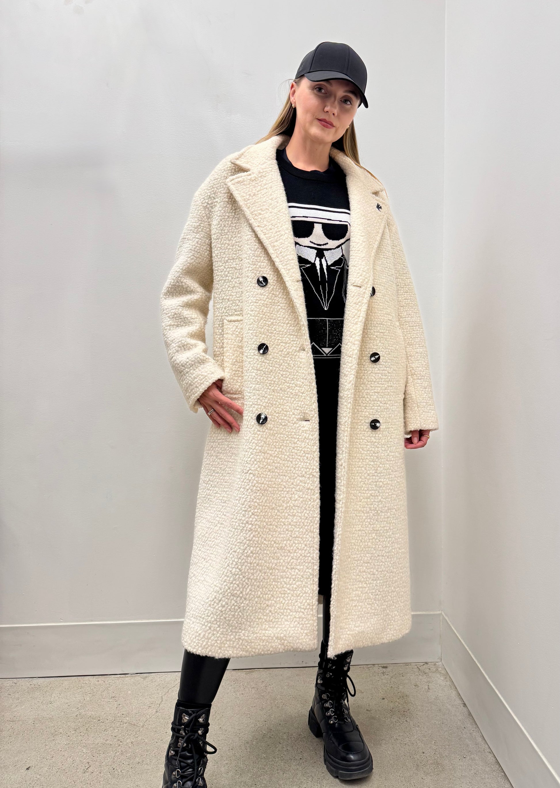 Karl Lagerfeld Paris Women's Cream Bouclé Double Breasted Long Coat