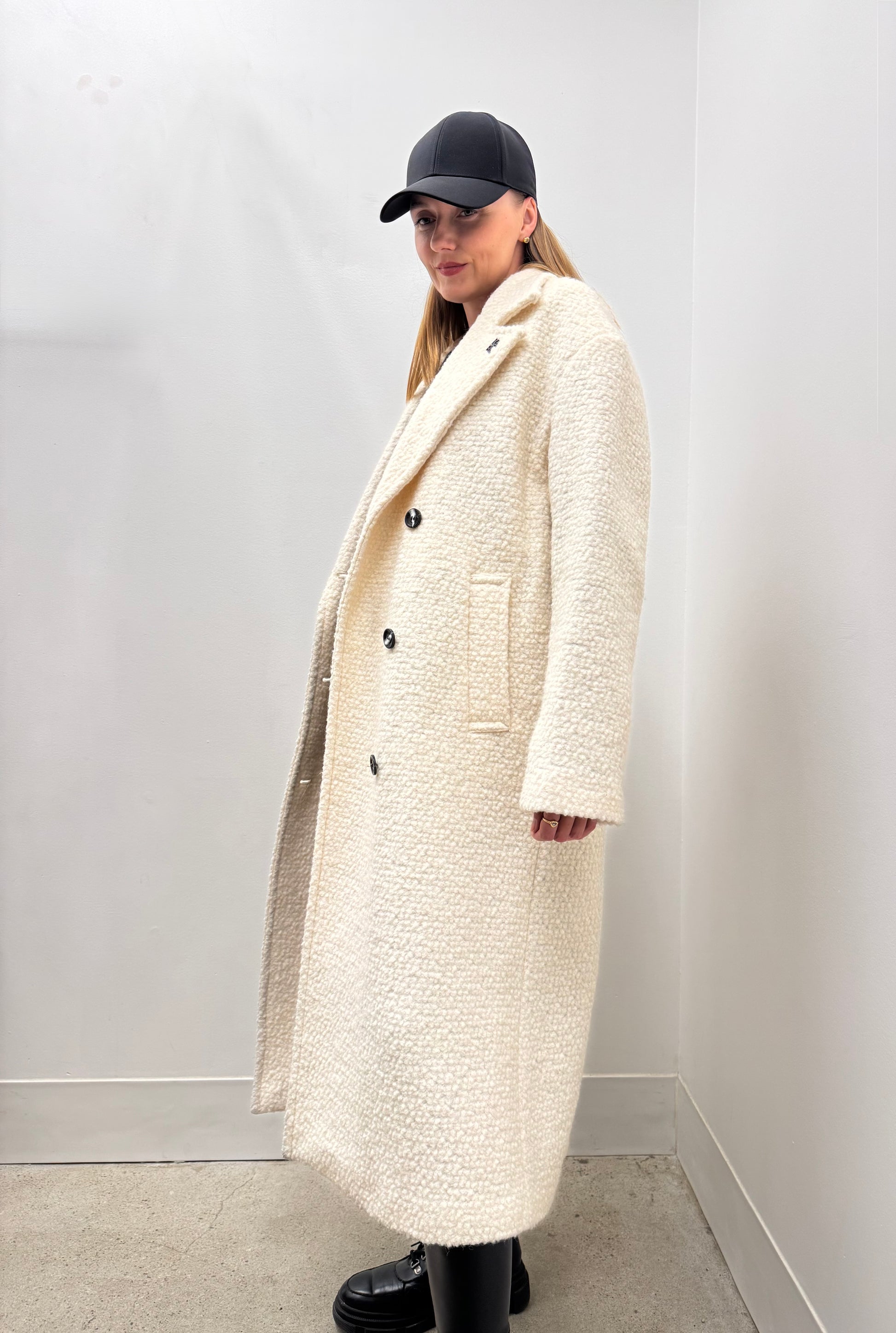 Karl Lagerfeld Paris Women's Cream Bouclé Double Breasted Long Coat