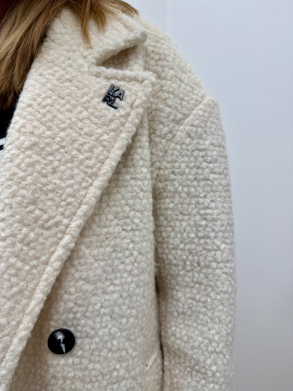Karl Lagerfeld Paris Women's Cream Bouclé Double Breasted Long Coat