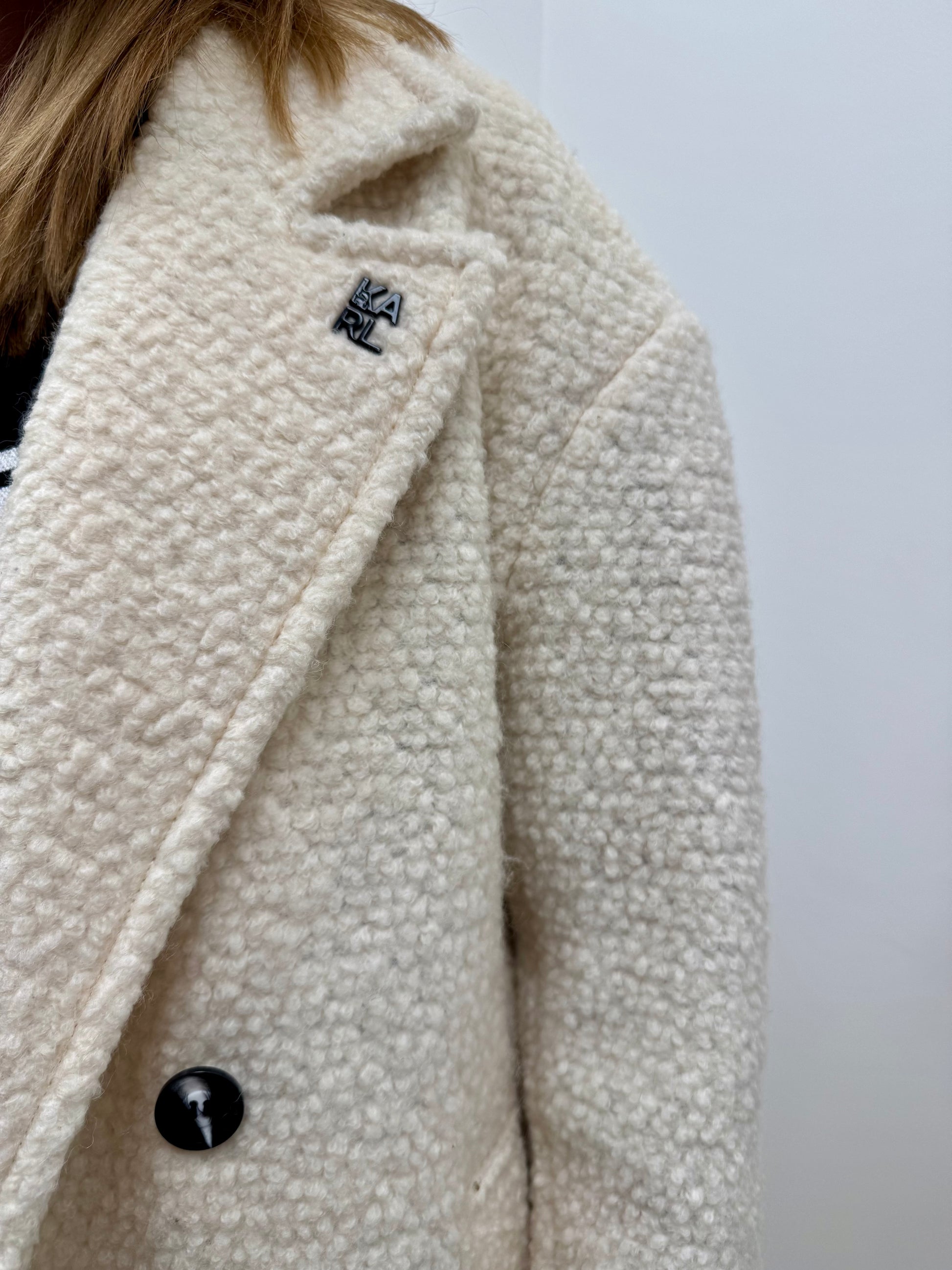 Karl Lagerfeld Paris Women's Cream Bouclé Double Breasted Long Coat