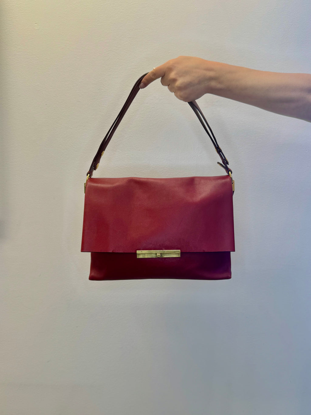 Celine Clasp Foldover Shoulder Bag in Bordeaux Smooth Calfskin