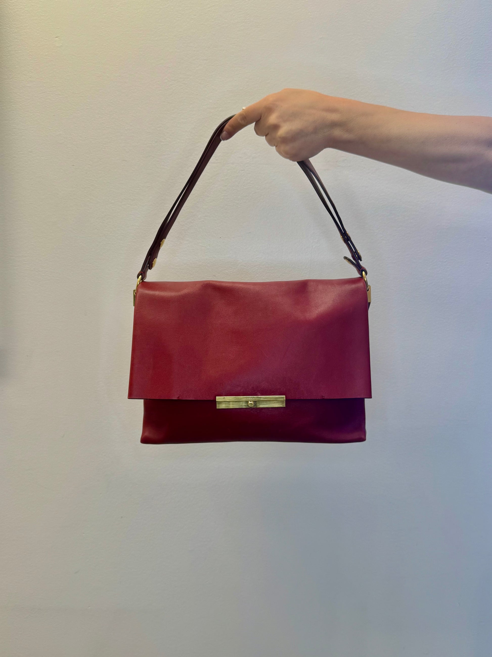 Celine Clasp Foldover Shoulder Bag in Bordeaux Smooth Calfskin
