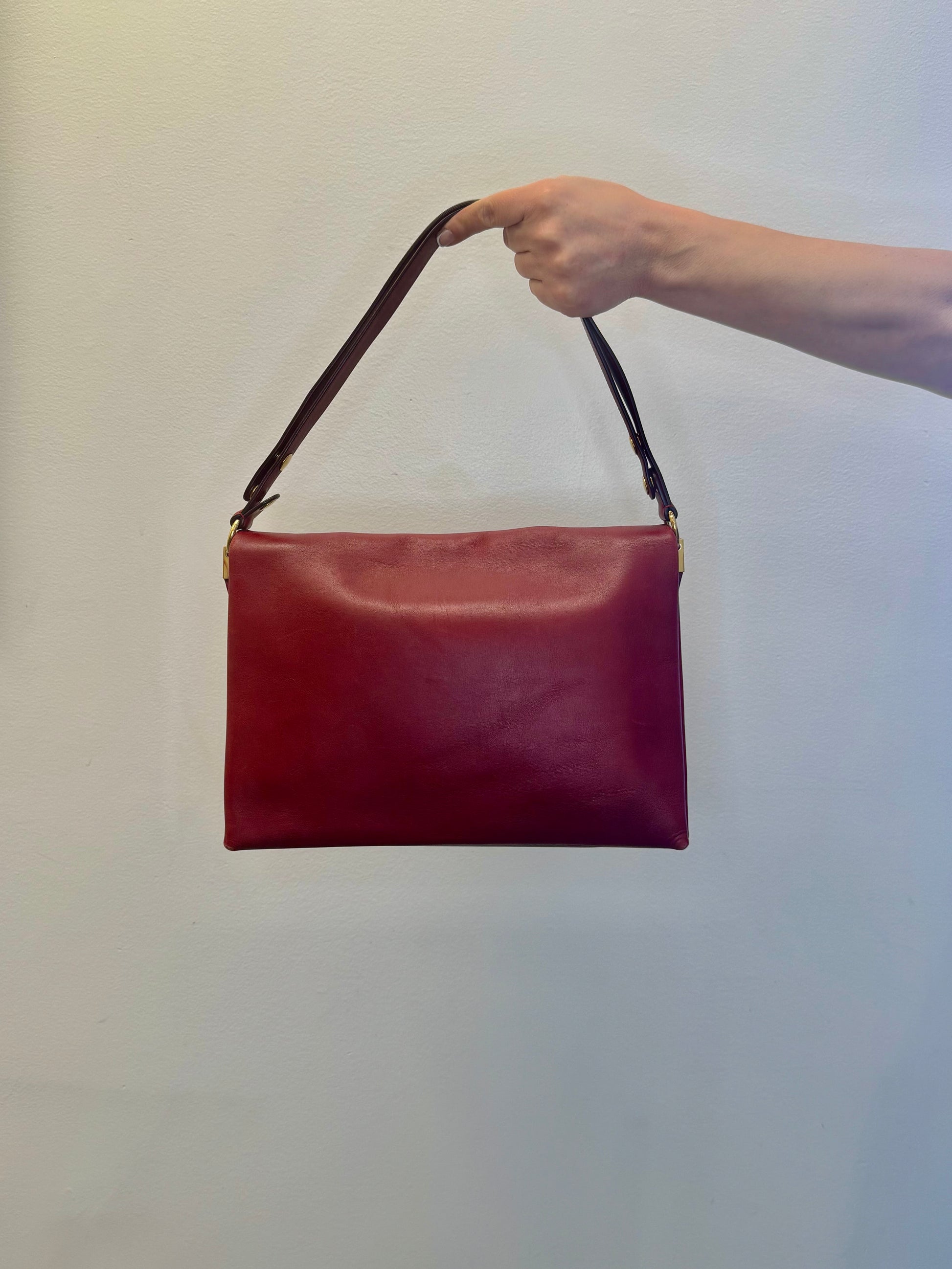 Celine Clasp Foldover Shoulder Bag in Bordeaux Smooth Calfskin