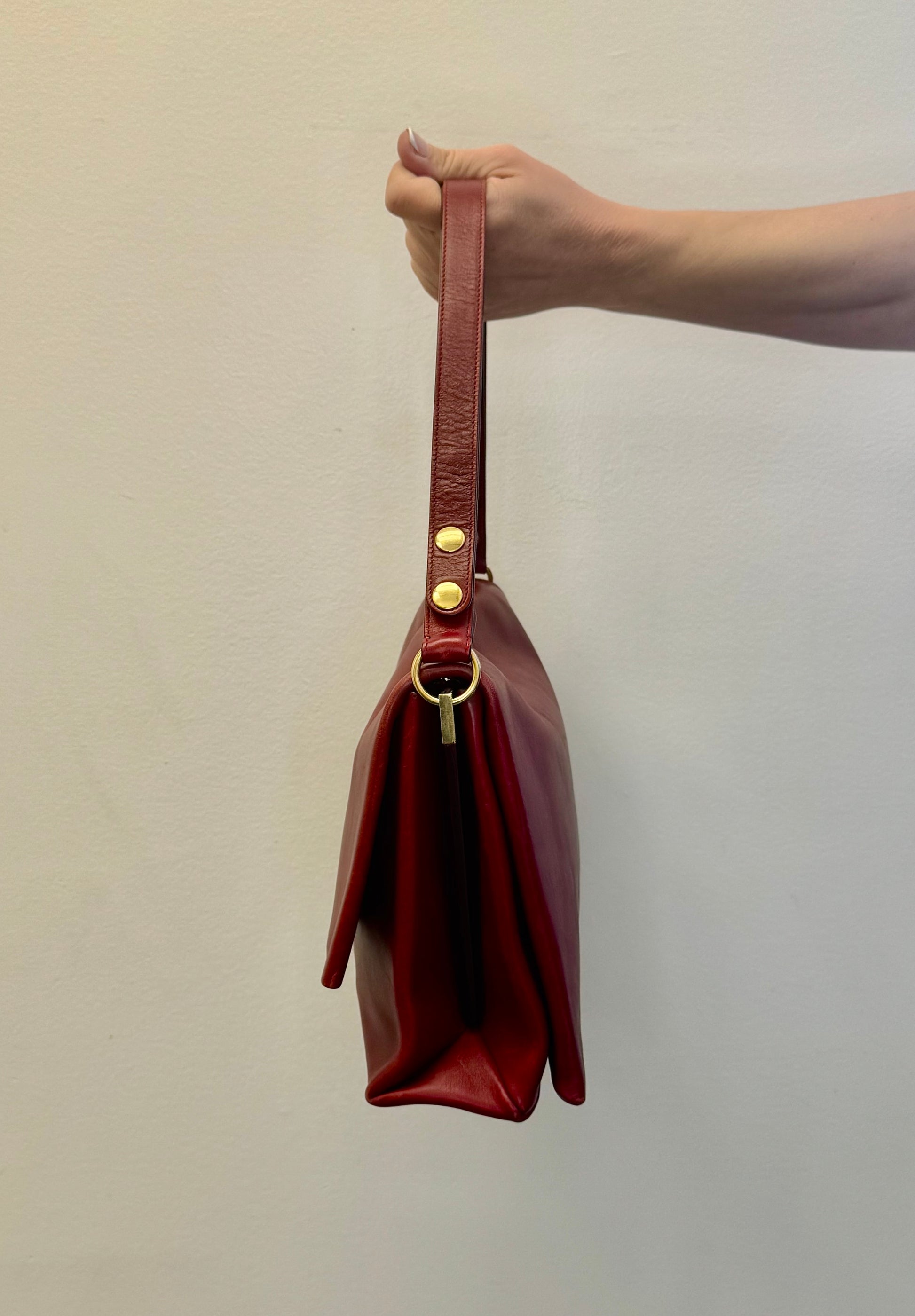 Celine Clasp Foldover Shoulder Bag in Bordeaux Smooth Calfskin