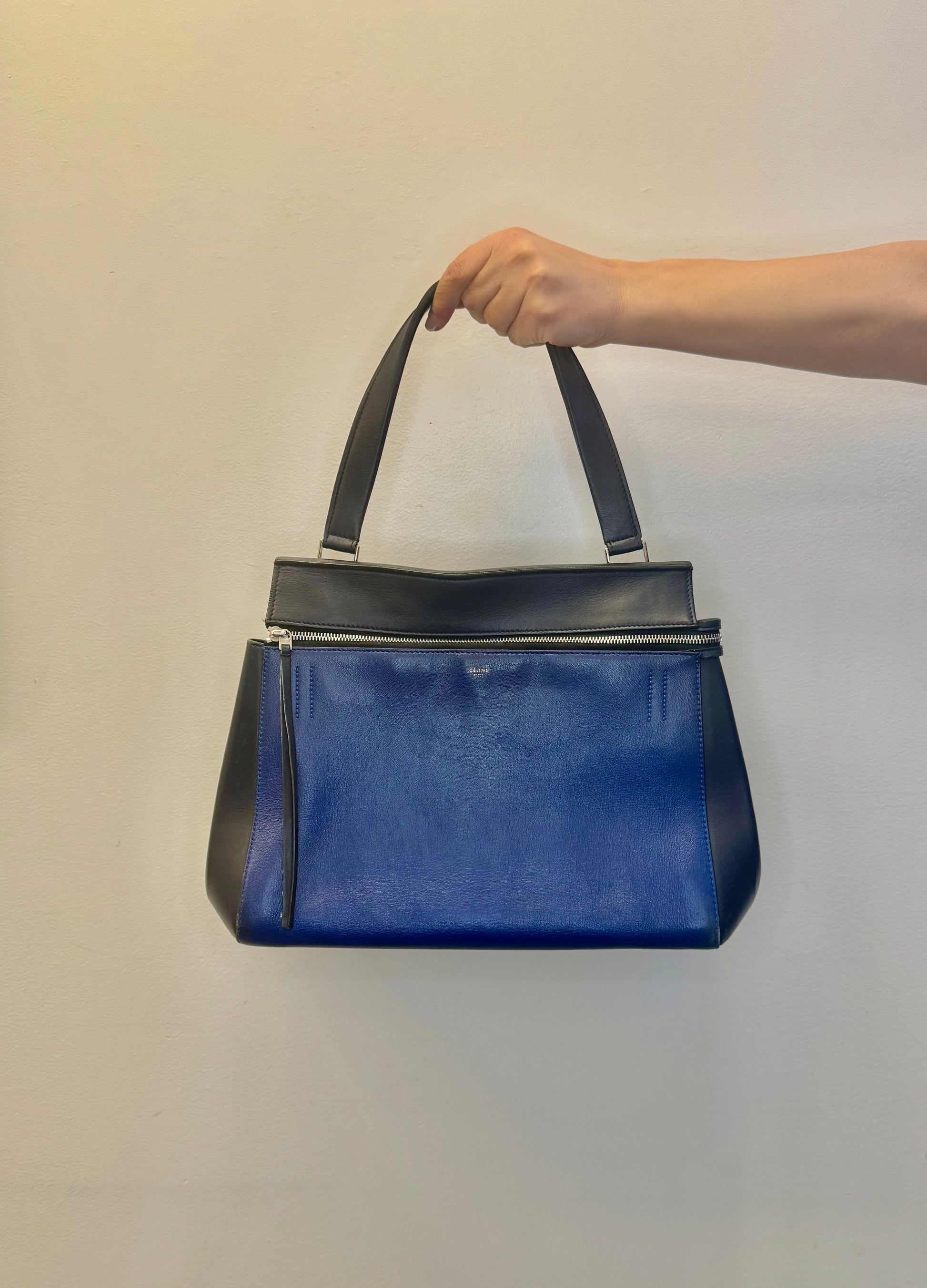 Celine Edge Medium bicolor top handle bag in cobalt blue and dark navy calfskin