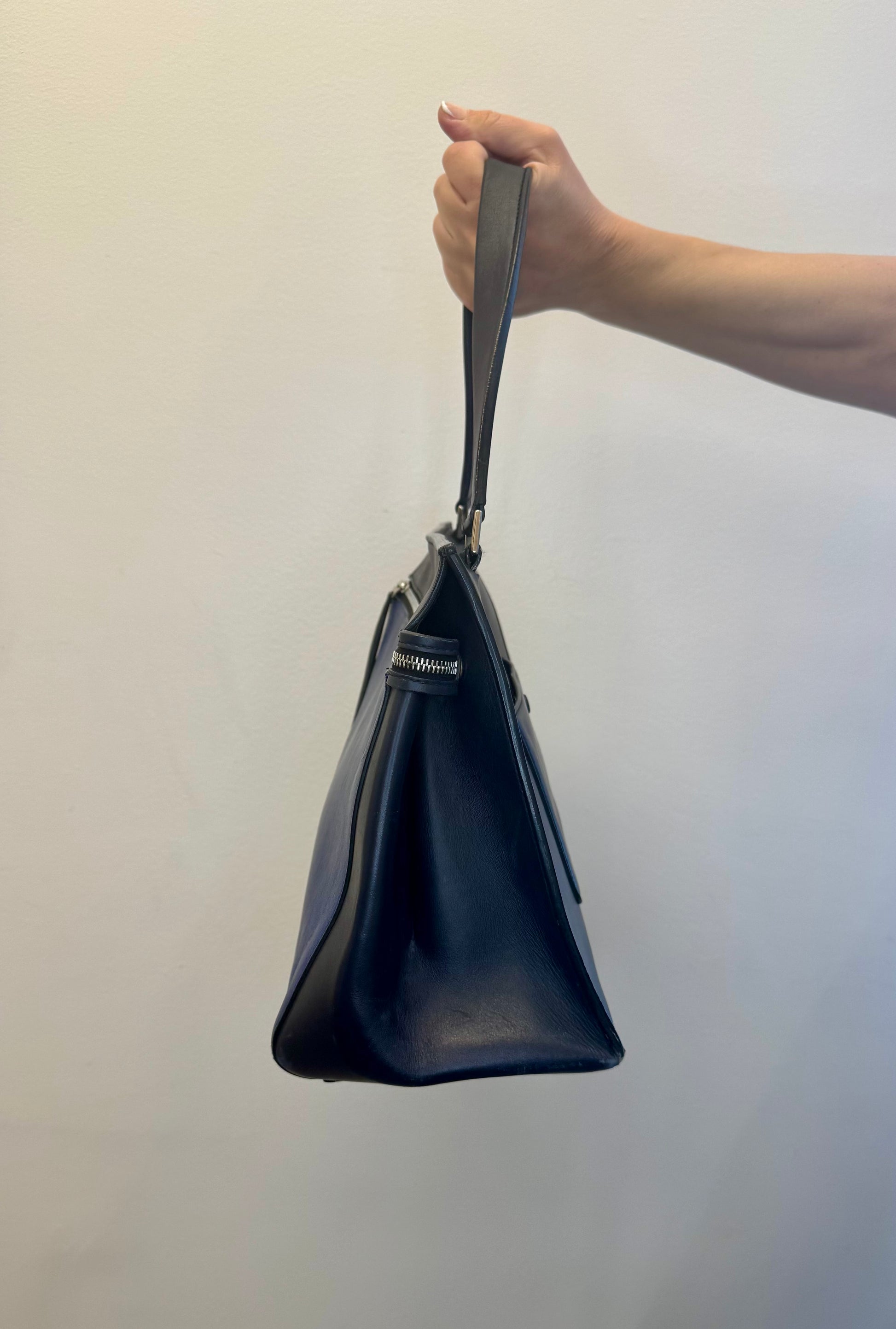 Celine Edge Medium bicolor top handle bag in cobalt blue and dark navy calfskin
