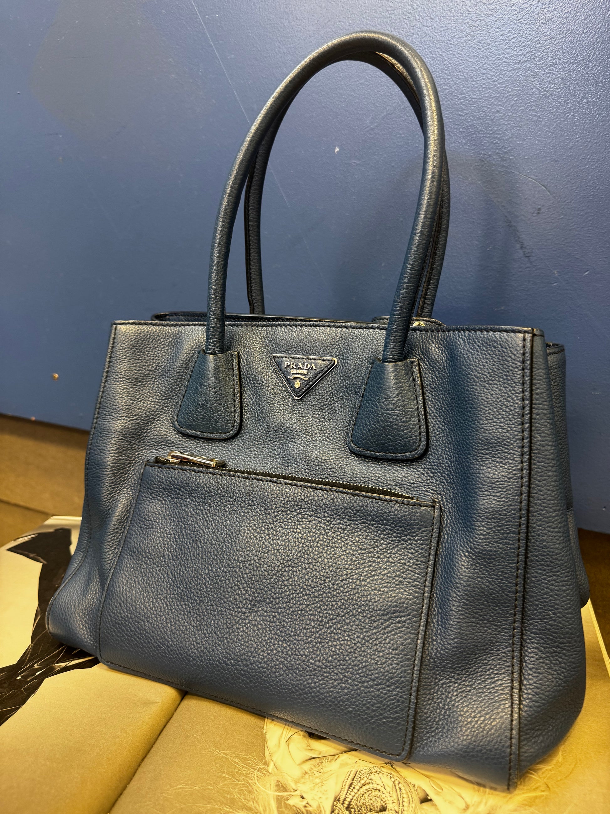 Prada Vitello Daino Convertible Front Pocket Tote Bag in Avio Blue