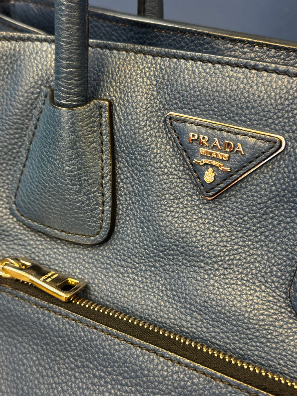 Prada Vitello Daino Convertible Front Pocket Tote Bag in Avio Blue