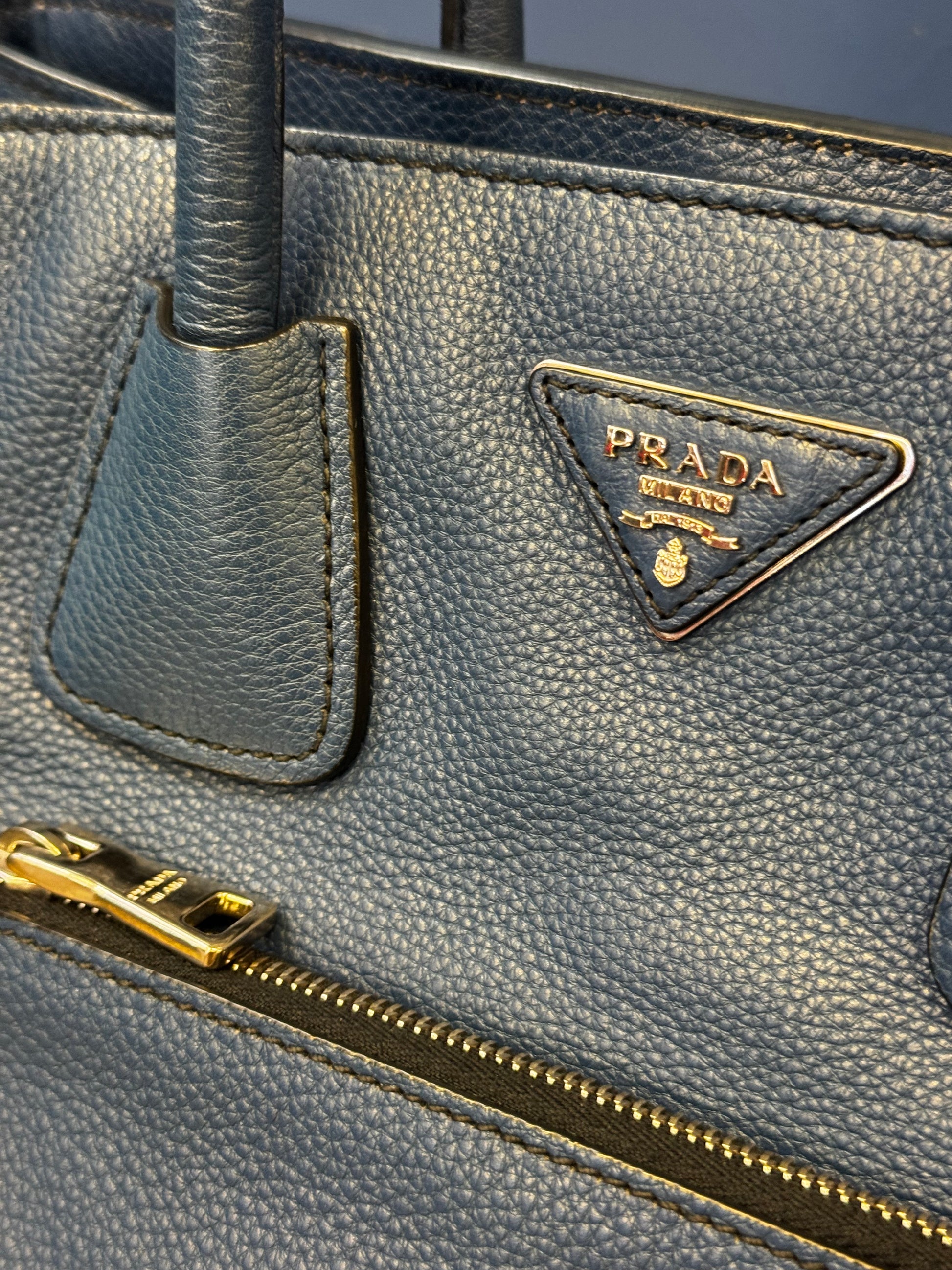 Prada Vitello Daino Convertible Front Pocket Tote Bag in Avio Blue