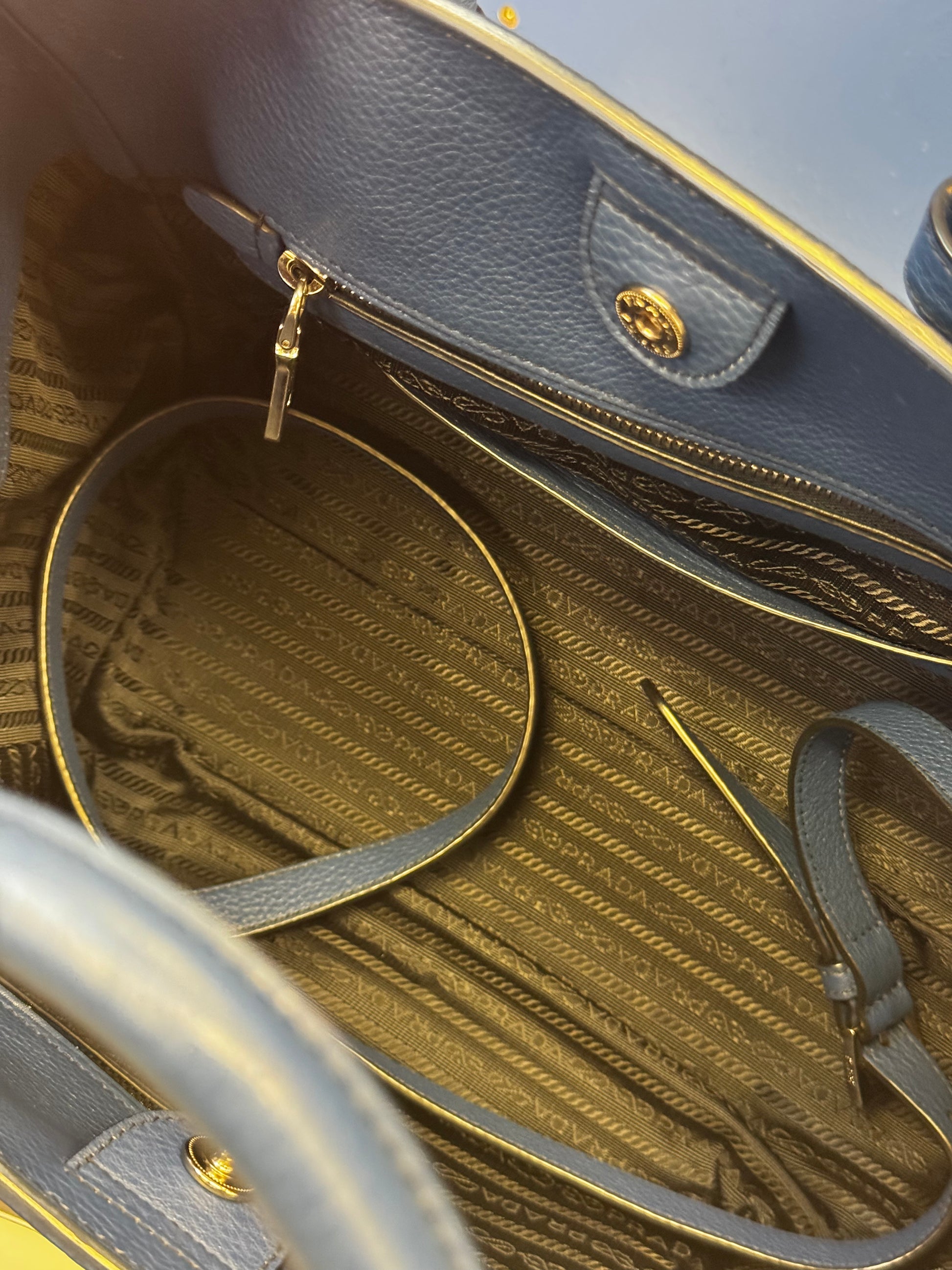 Prada Vitello Daino Convertible Front Pocket Tote Bag in Avio Blue