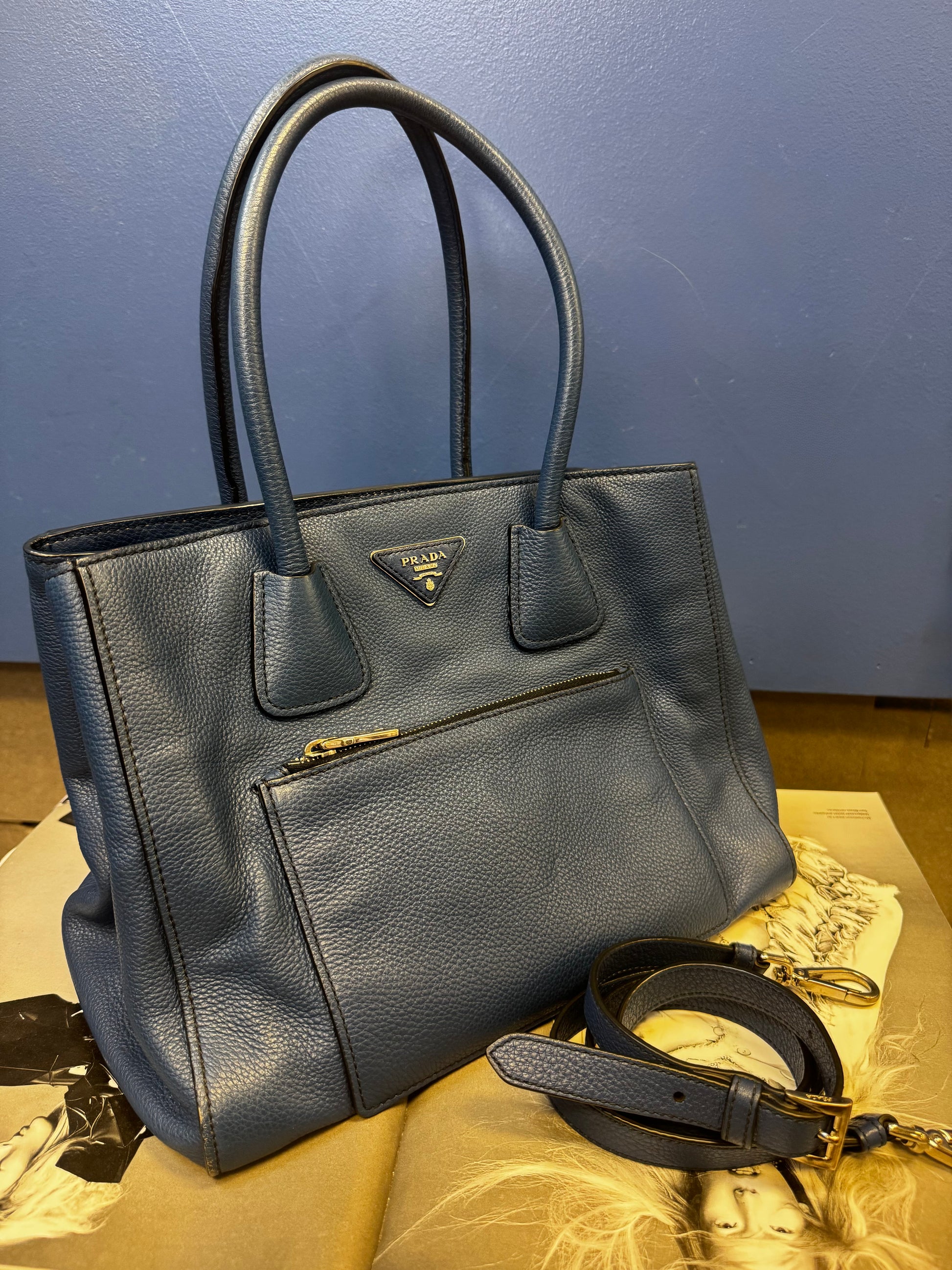 Prada Vitello Daino Convertible Front Pocket Tote Bag in Avio Blue