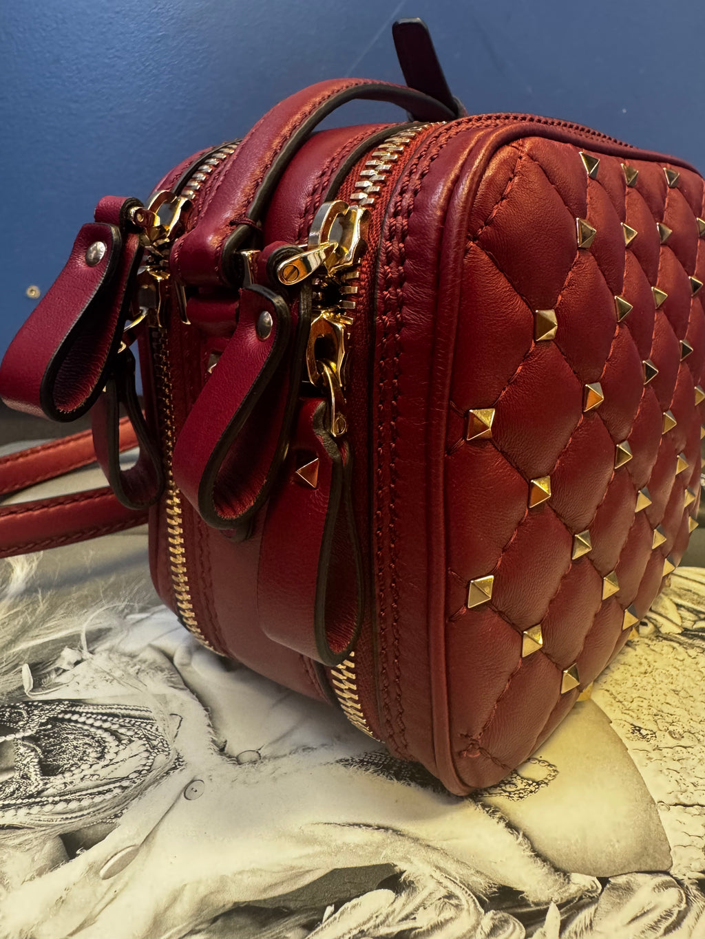 Valentino Garavani Rockstud Spike Vanity Case in Dark Red Quilted Lambskin