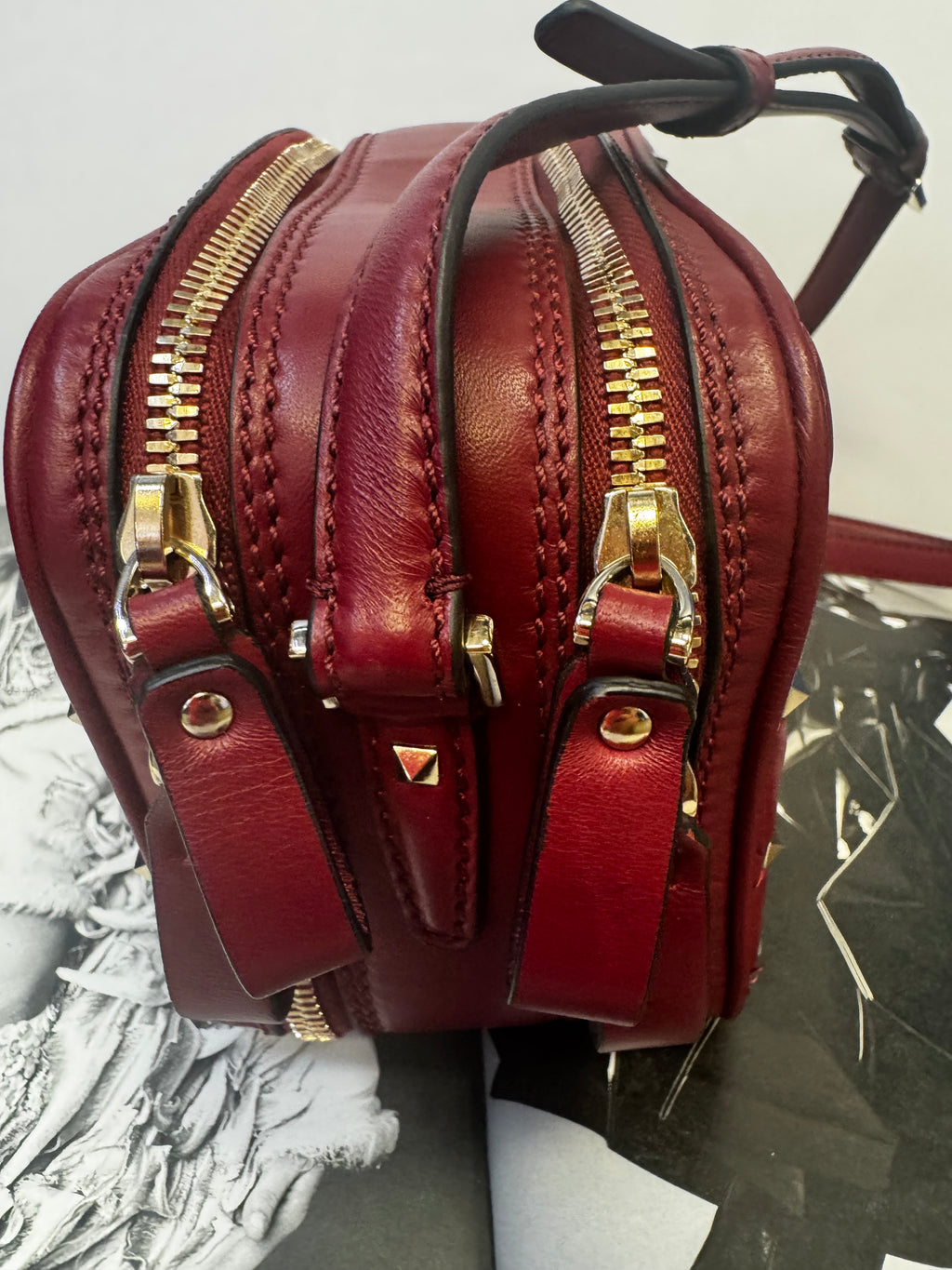 Valentino Garavani Rockstud Spike Vanity Case in Dark Red Quilted Lambskin