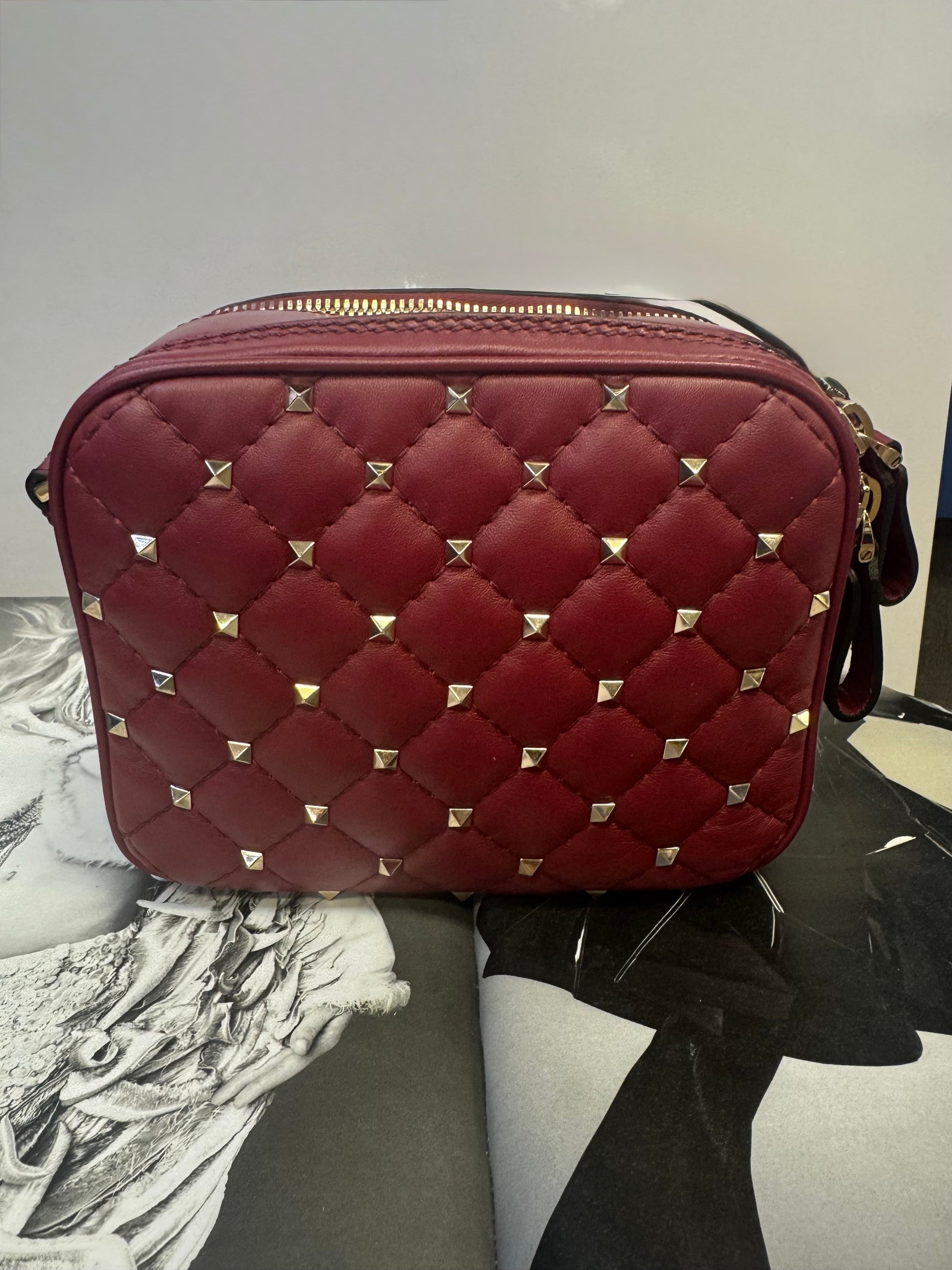 Valentino Garavani Rockstud Spike Vanity Case in Dark Red Quilted Lambskin