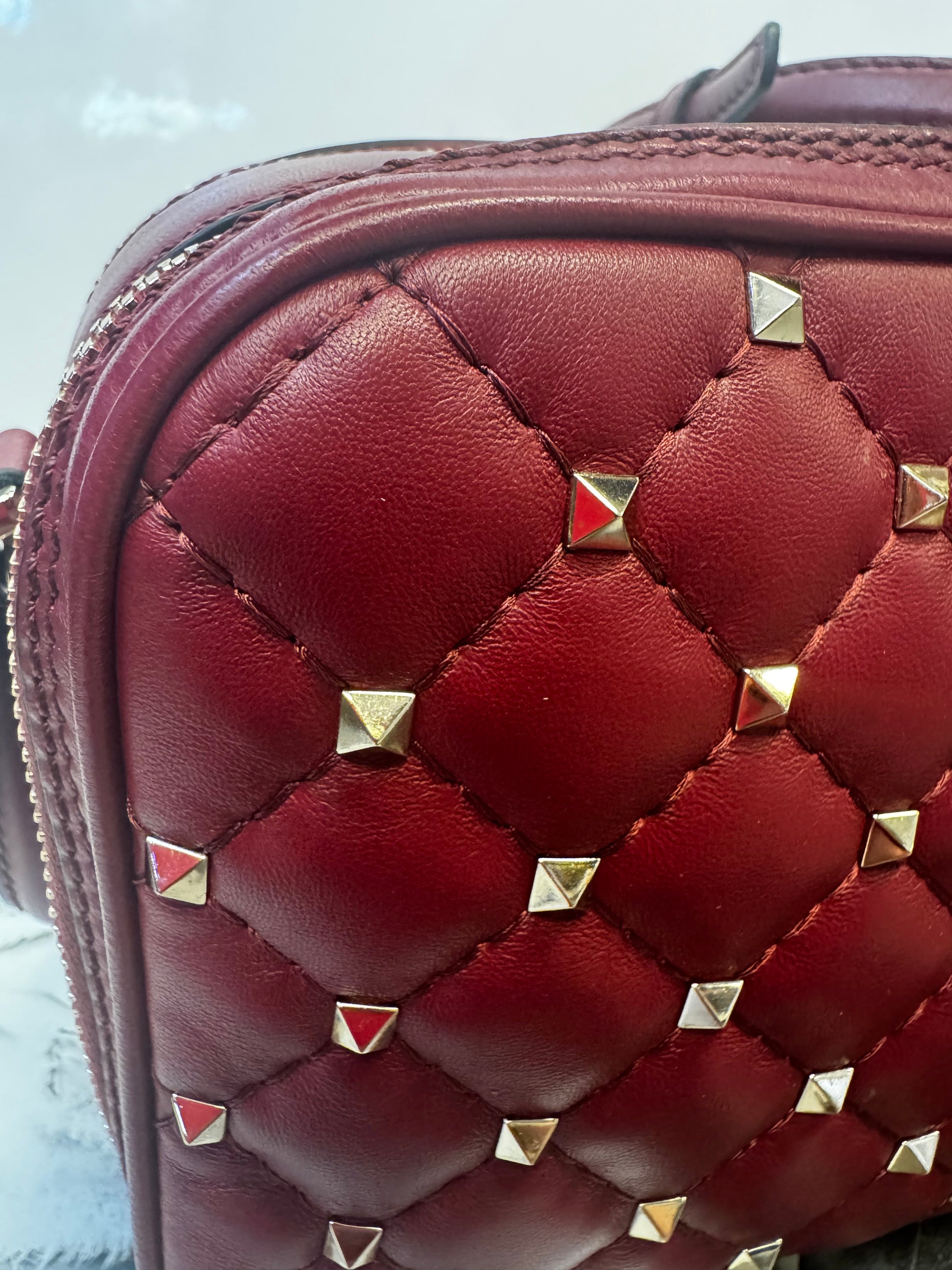 Valentino Garavani Rockstud Spike Vanity Case in Dark Red Quilted Lambskin