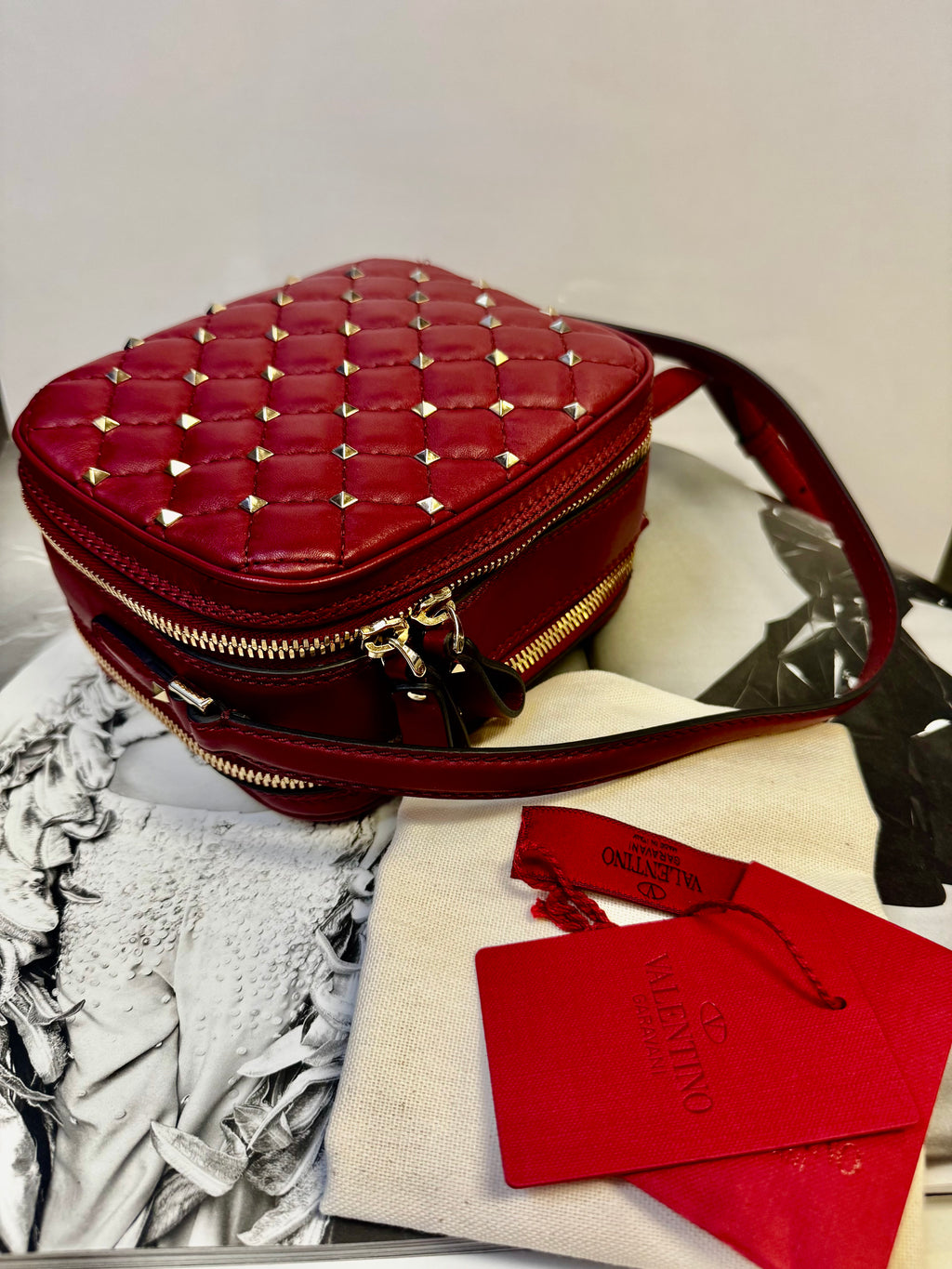 Valentino Garavani Rockstud Spike Vanity Case in Dark Red Quilted Lambskin