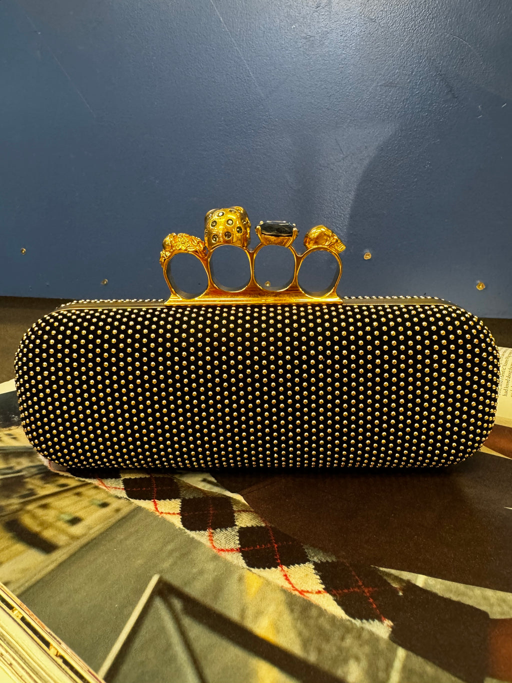 Alexander McQueen Studded Skull Knuckle Box Clutch, Black Suede & Gold