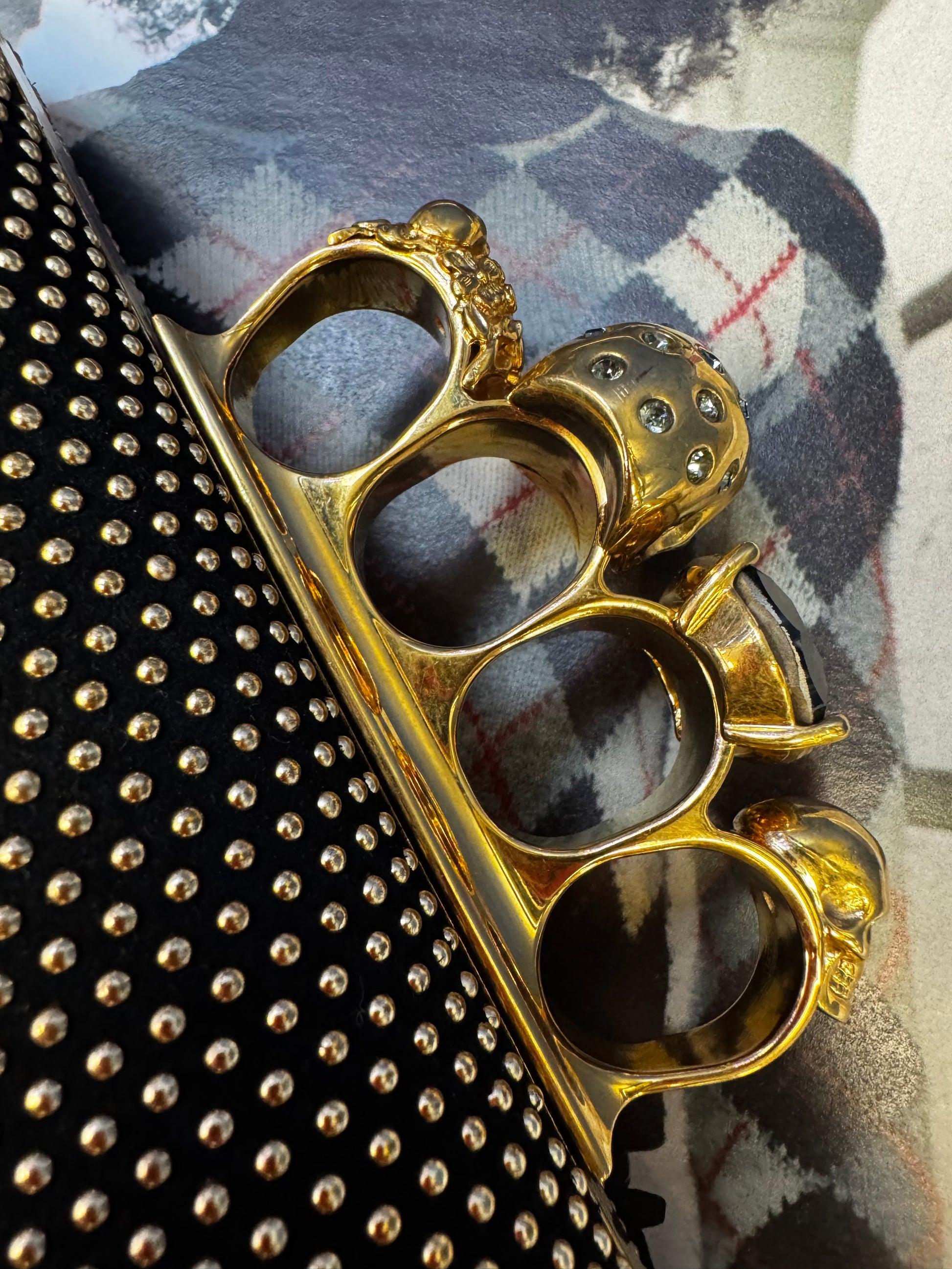 Alexander McQueen Studded Skull Knuckle Box Clutch, Black Suede & Gold