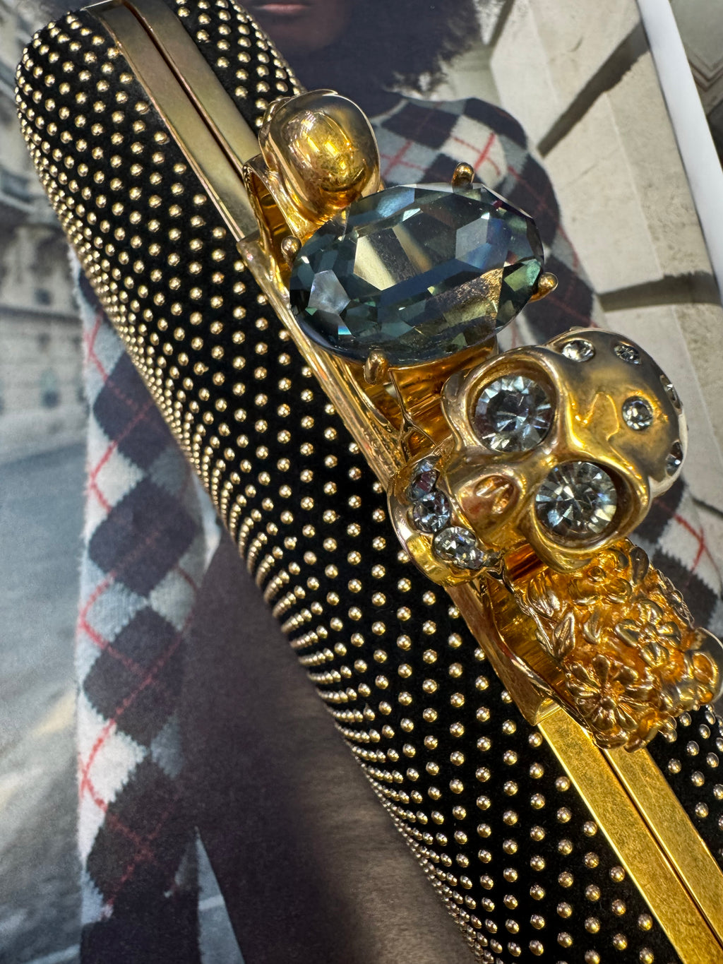 Alexander McQueen Studded Skull Knuckle Box Clutch, Black Suede & Gold