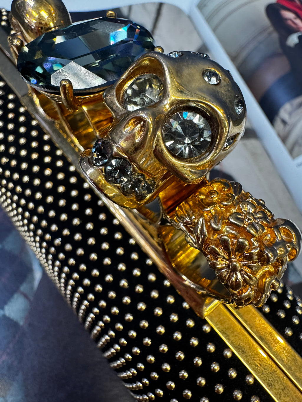 Alexander McQueen Studded Skull Knuckle Box Clutch, Black Suede & Gold