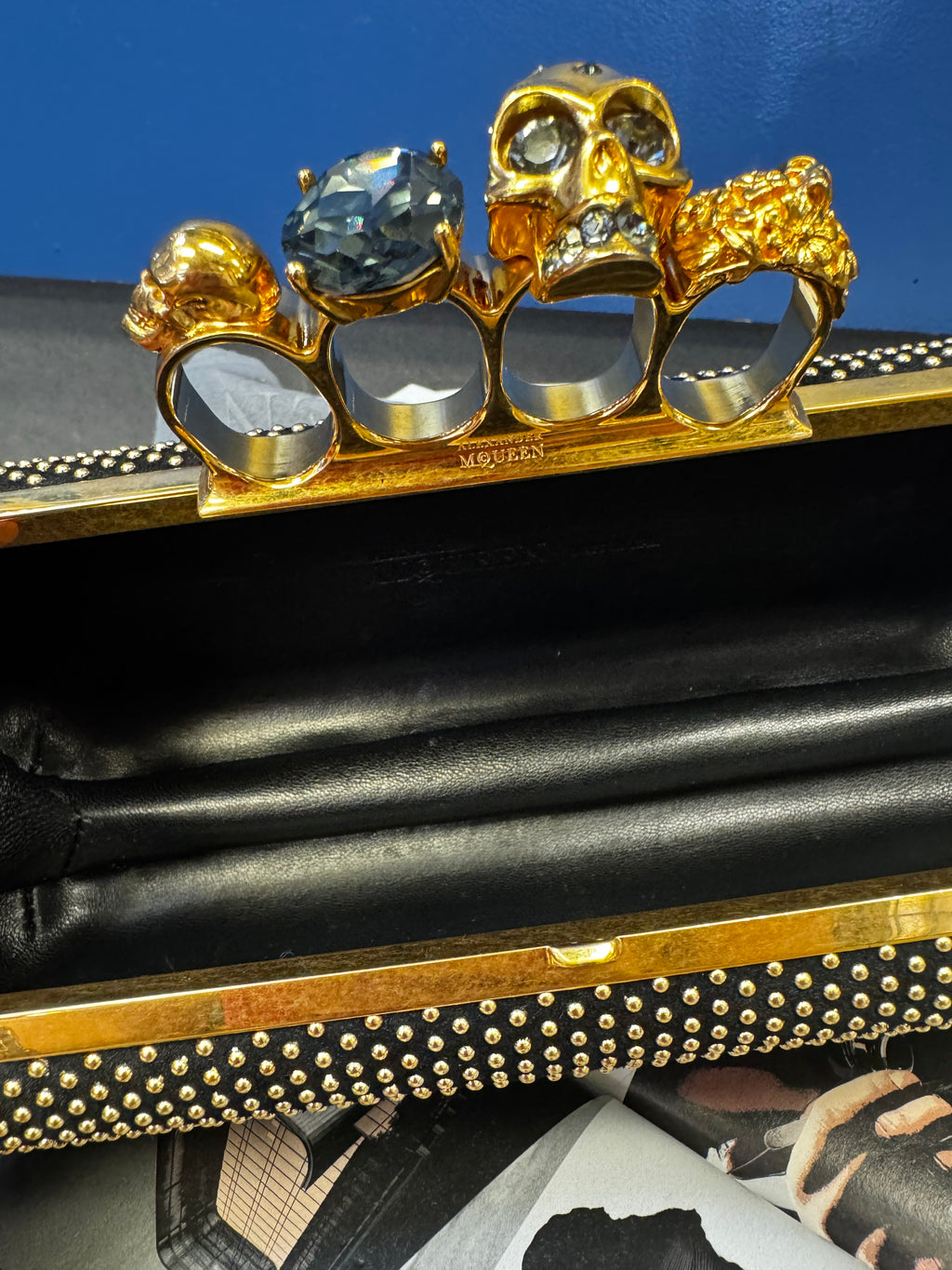 Alexander McQueen Studded Skull Knuckle Box Clutch, Black Suede & Gold