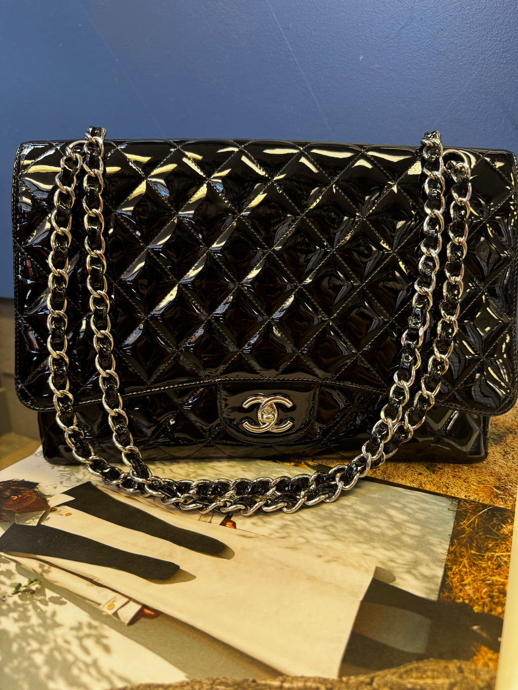 Chanel Classic Flap Maxi Single Flap Bag, Black Patent Leather, Silver Hardware
