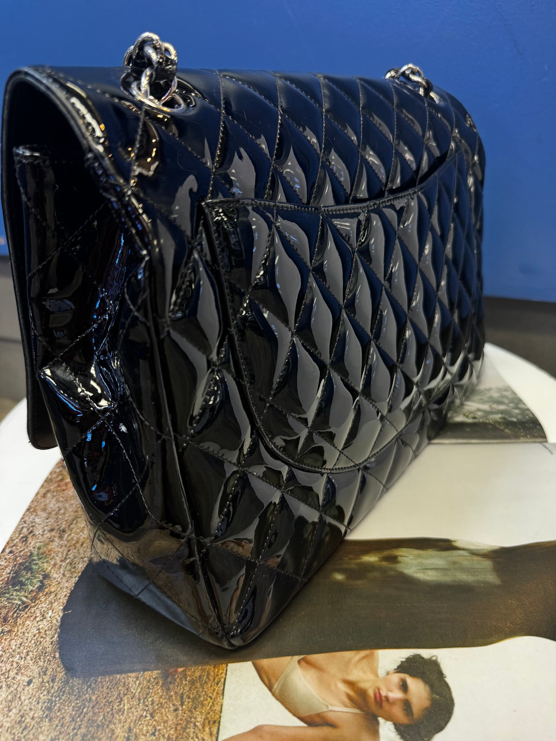 Chanel Classic Flap Maxi Single Flap Bag, Black Patent Leather, Silver Hardware
