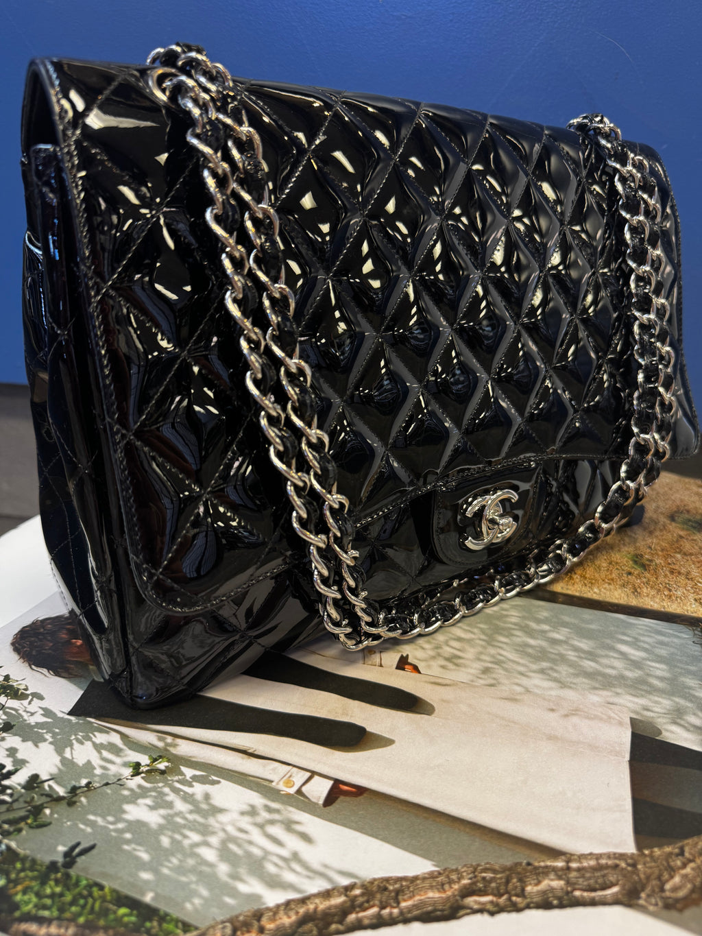 Chanel Classic Flap Maxi Single Flap Bag, Black Patent Leather, Silver Hardware