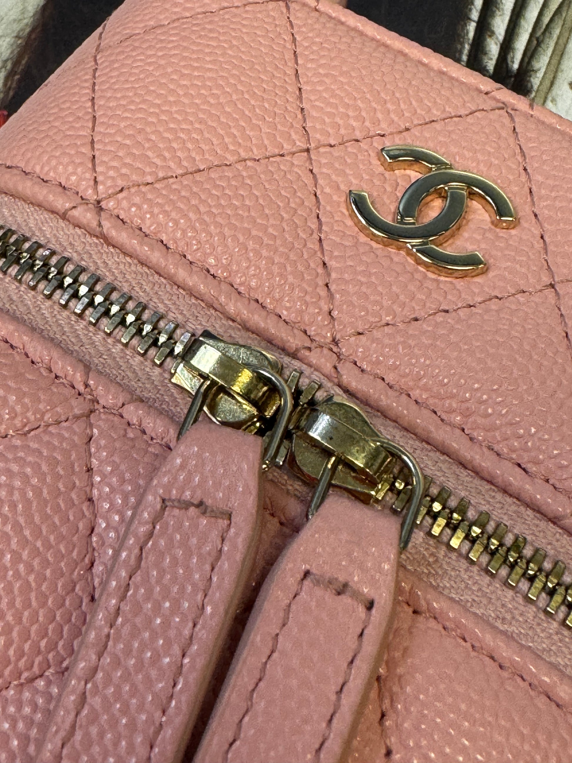 Chanel Small Vertical Vanity Case with Chain, Rose Clair Pink Caviar with Light Gold Hardware