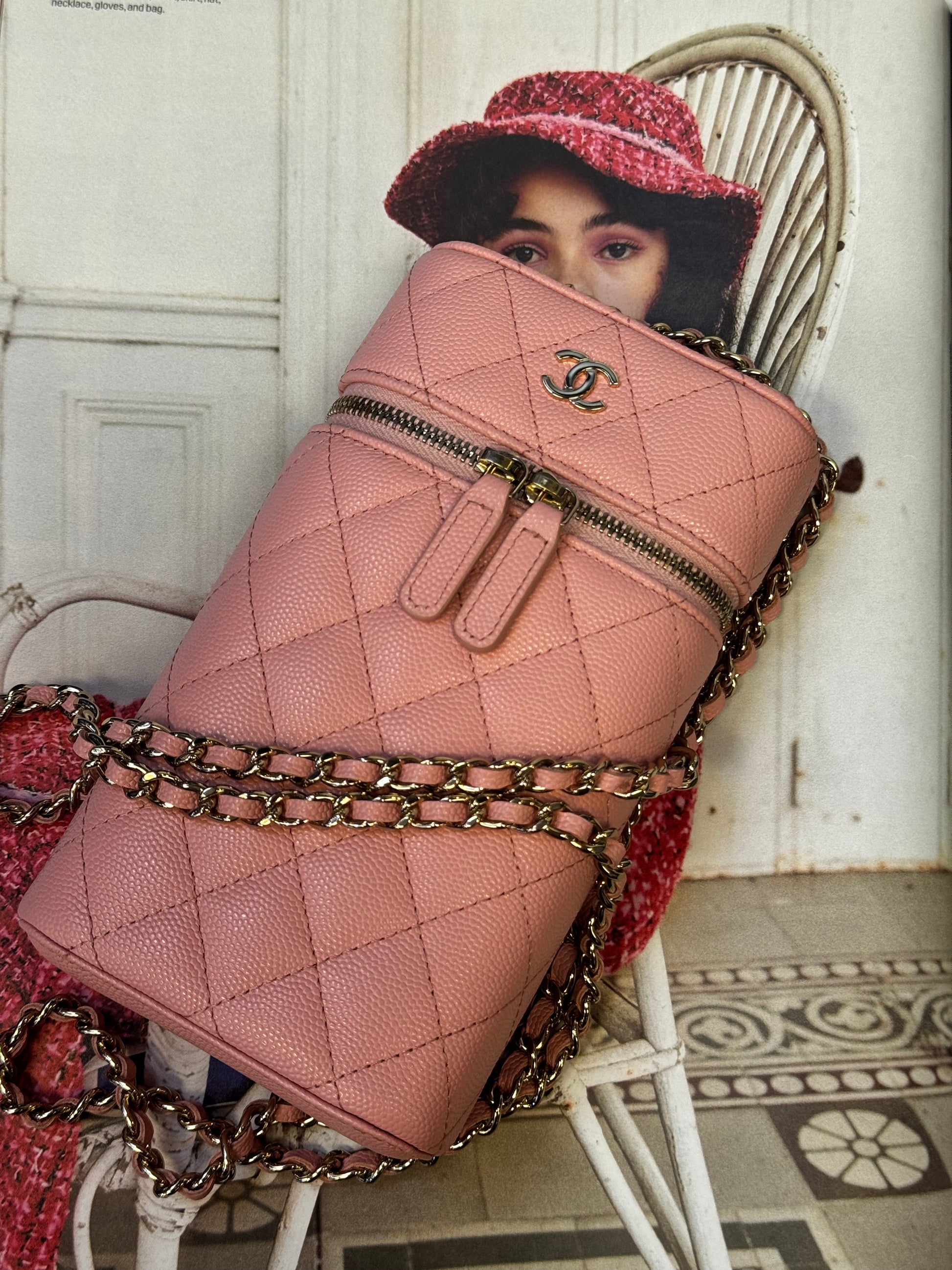 Chanel Small Vertical Vanity Case with Chain, Rose Clair Pink Caviar with Light Gold Hardware