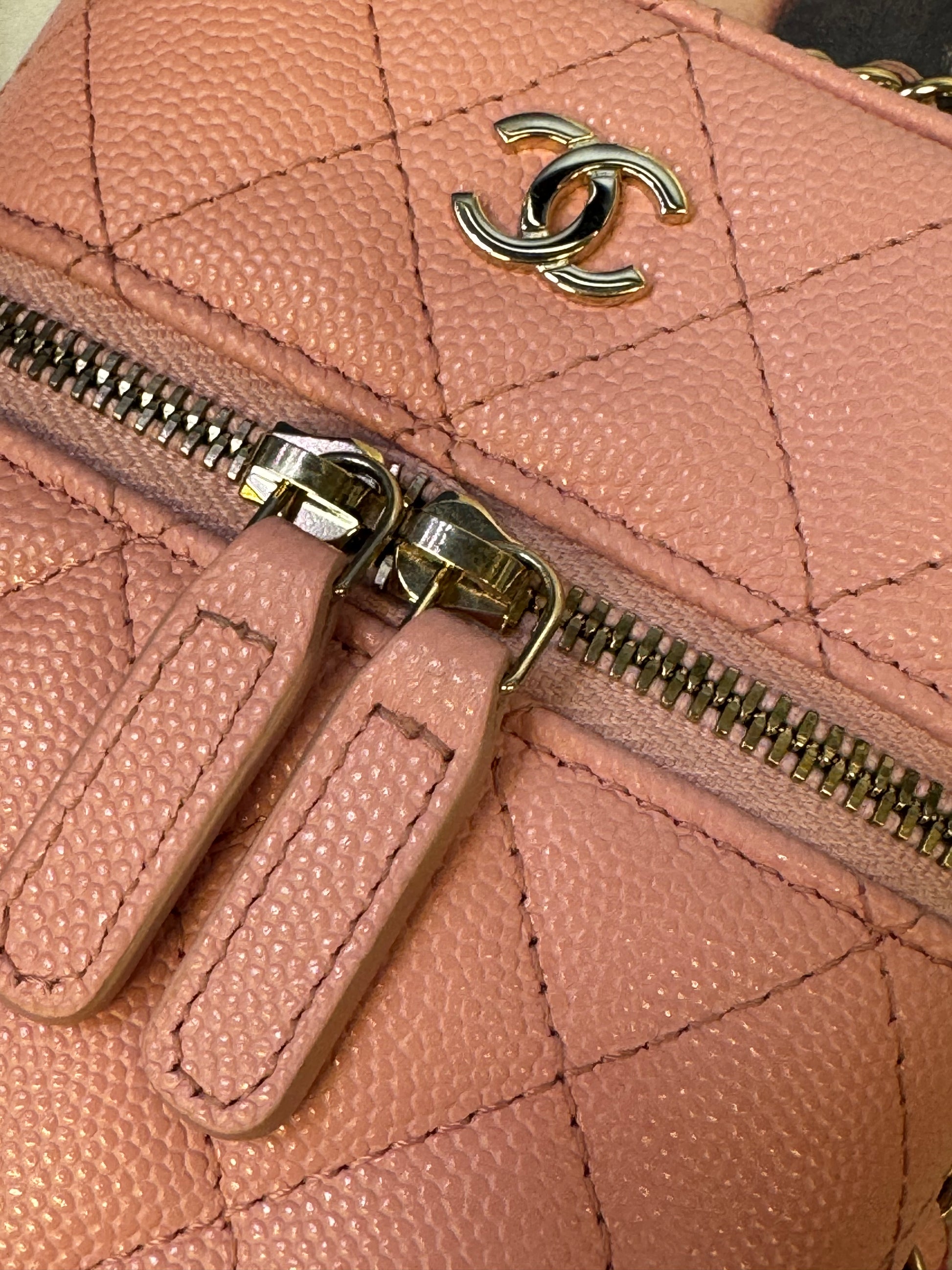 Chanel Small Vertical Vanity Case with Chain, Rose Clair Pink Caviar with Light Gold Hardware