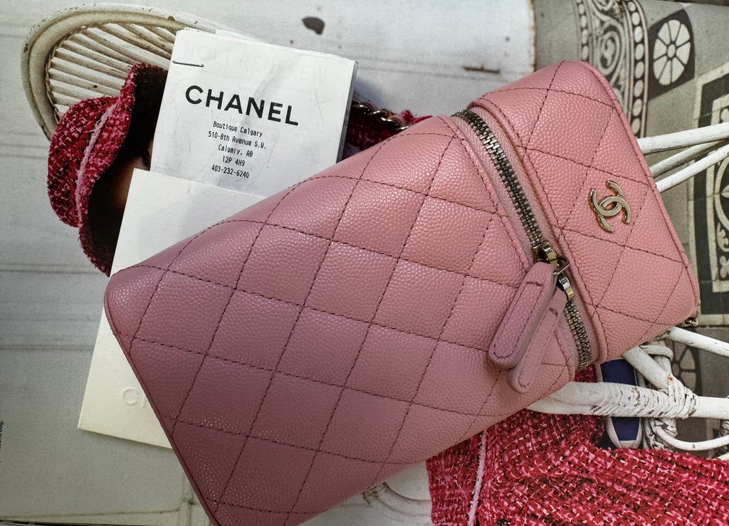 Chanel Small Vertical Vanity Case with Chain, Rose Clair Pink Caviar with Light Gold Hardware