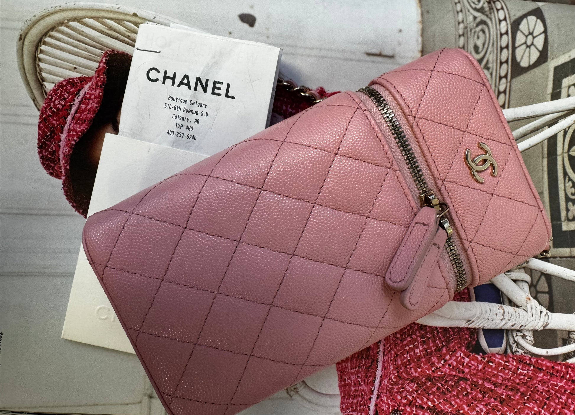 Chanel Small Vertical Vanity Case with Chain, Rose Clair Pink Caviar with Light Gold Hardware