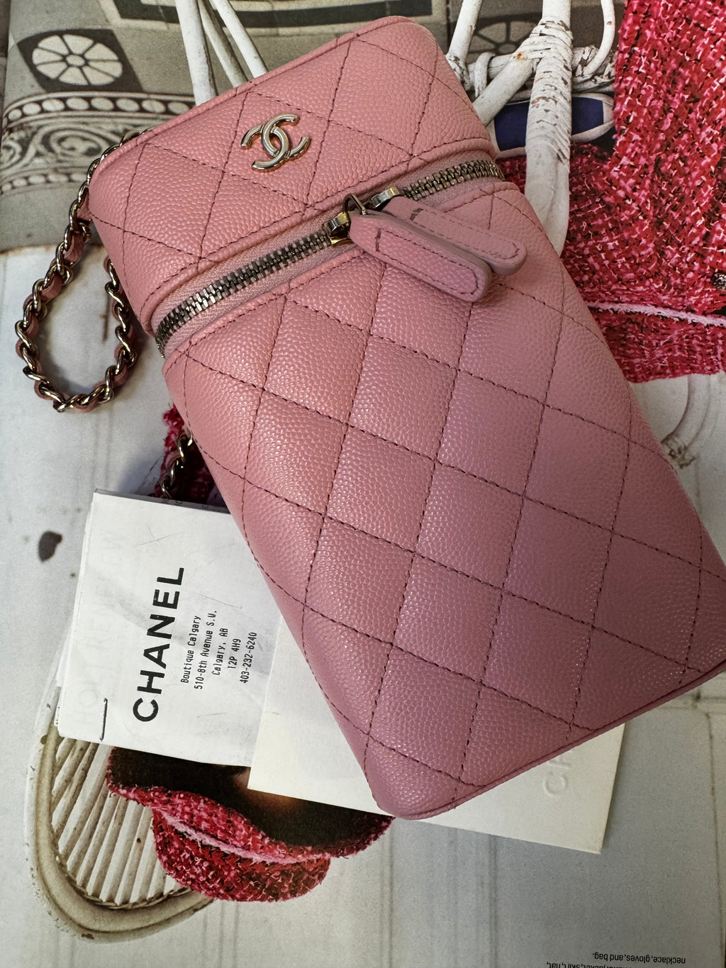 Chanel Small Vertical Vanity Case with Chain, Rose Clair Pink Caviar with Light Gold Hardware