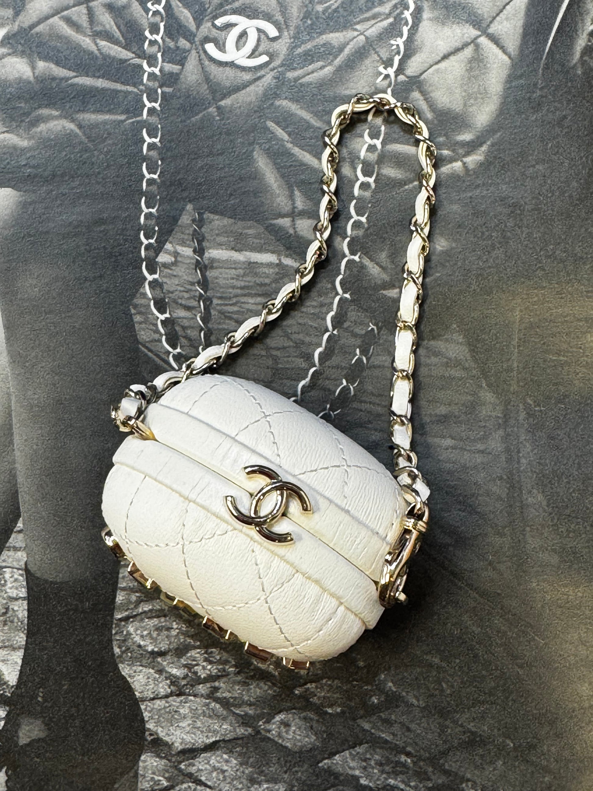 Chanel Oval Minaudière Clutch with Chain, White Quilted Lambskin, Gold Hardware